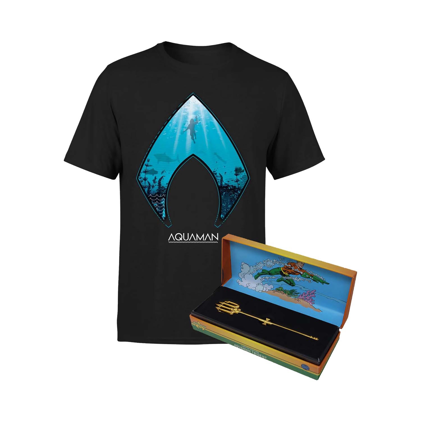 DC Comics Aquaman Limited Edition 24K Gold Miniature Trident & T-Shirt Bundle - XS