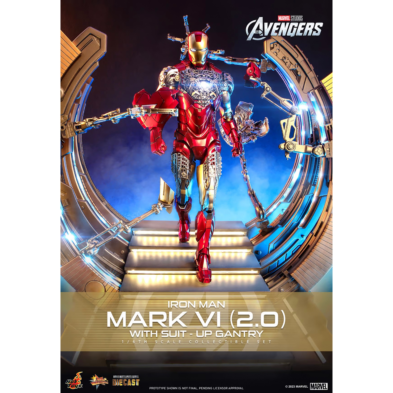 Hot Toys 1:6 Scale Marvel Iron Man Mark VI (2.0) with Suit-Up Gantry Statue