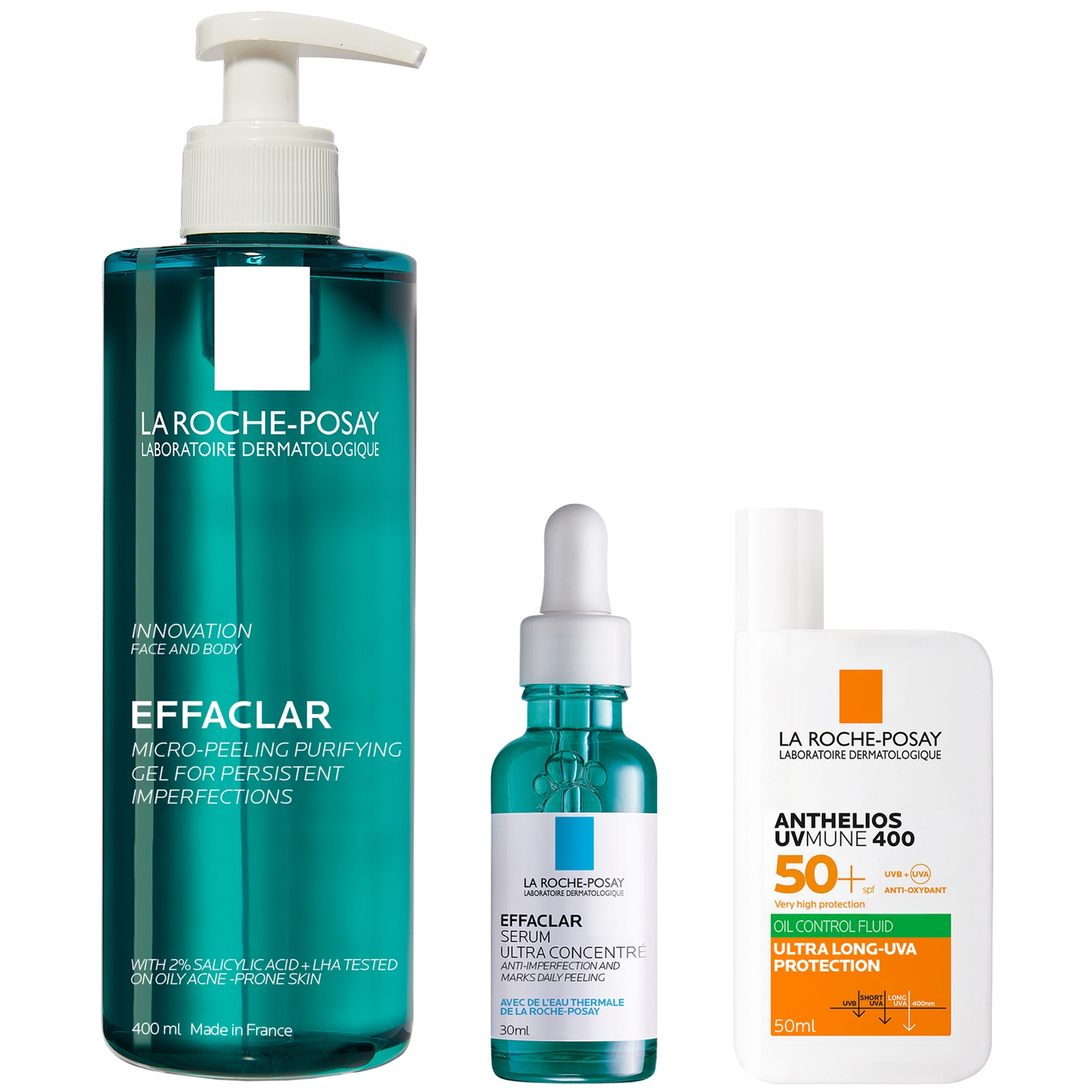 La Roche-posay Breakout-fighting Set- High Strength: Effaclar Micro-peeling Cleanser, Anti Blemish Serum And Spf50+ In White