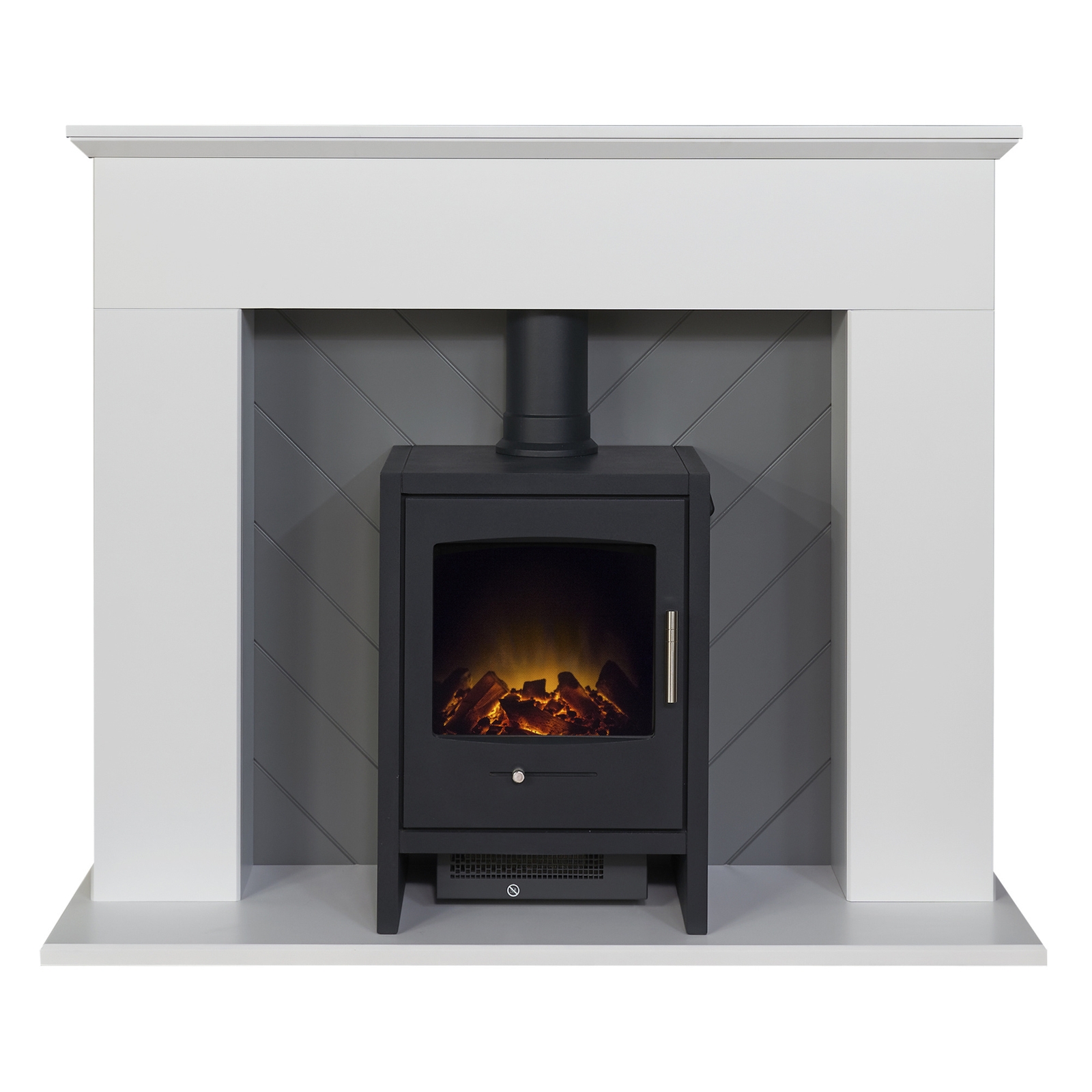 Adam Corinth Stove Fireplace in Pure White & Grey with Downlights & Bergen Electric Stove in Charcoal Grey - 48 Inch