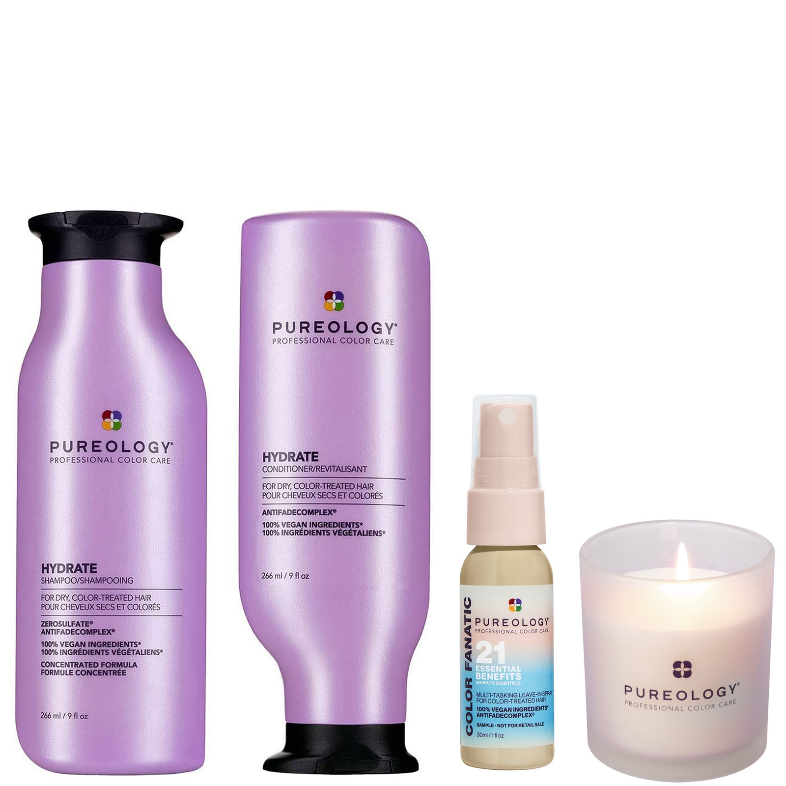 PUREOLOGY HYDRATE DUO AND MINI COLOUR FANATIC SPRAY WITH LIMITED EDITION CANDLE BUNDLE