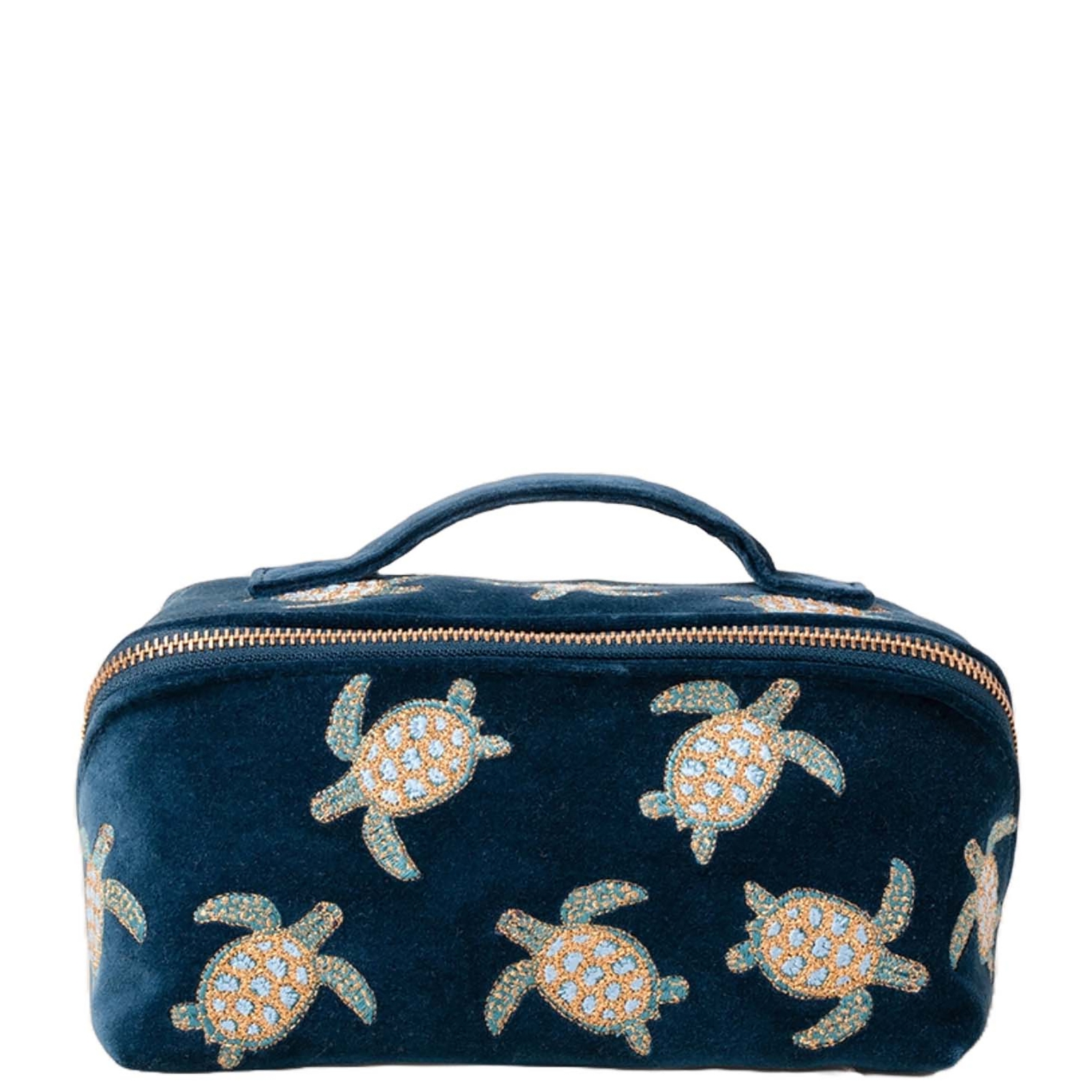 Elizabeth Scarlett Turtle Conservation Marine Navy Velvet Open Flat Makeup Bag