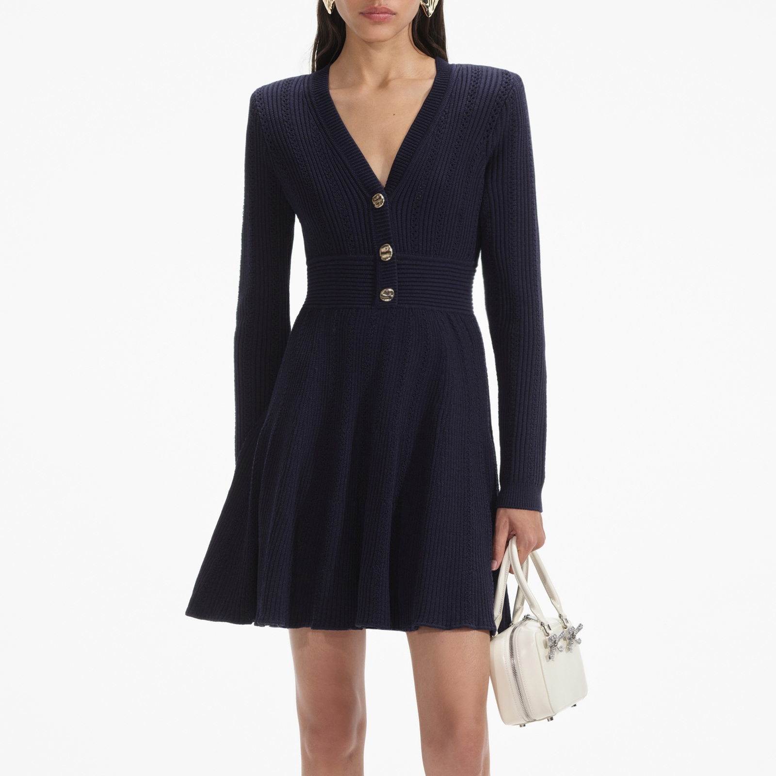 Self-Portrait Pointelle-Knit Mini Dress - M