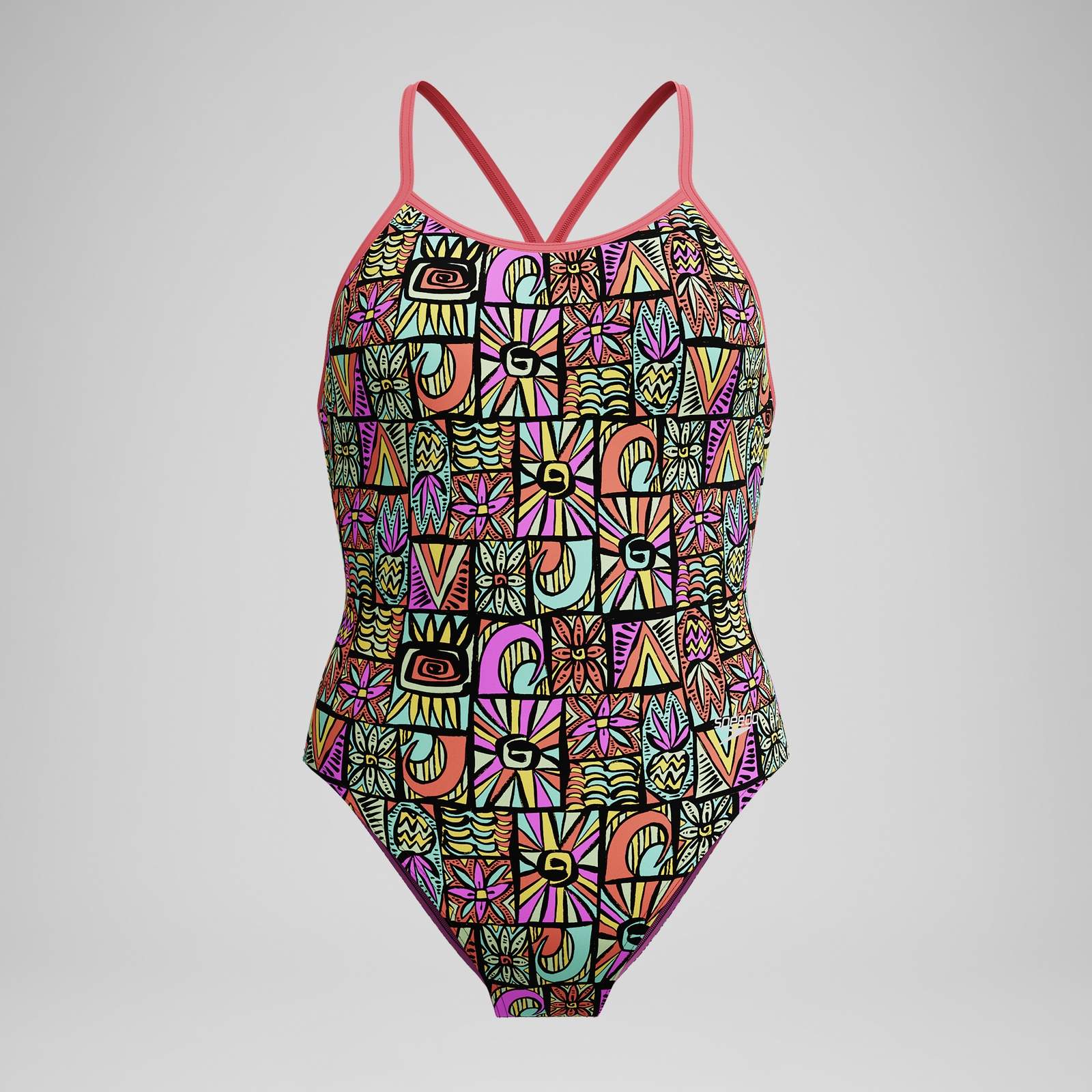Girls' Club Training Printed V Back Swimsuit Black/Coral