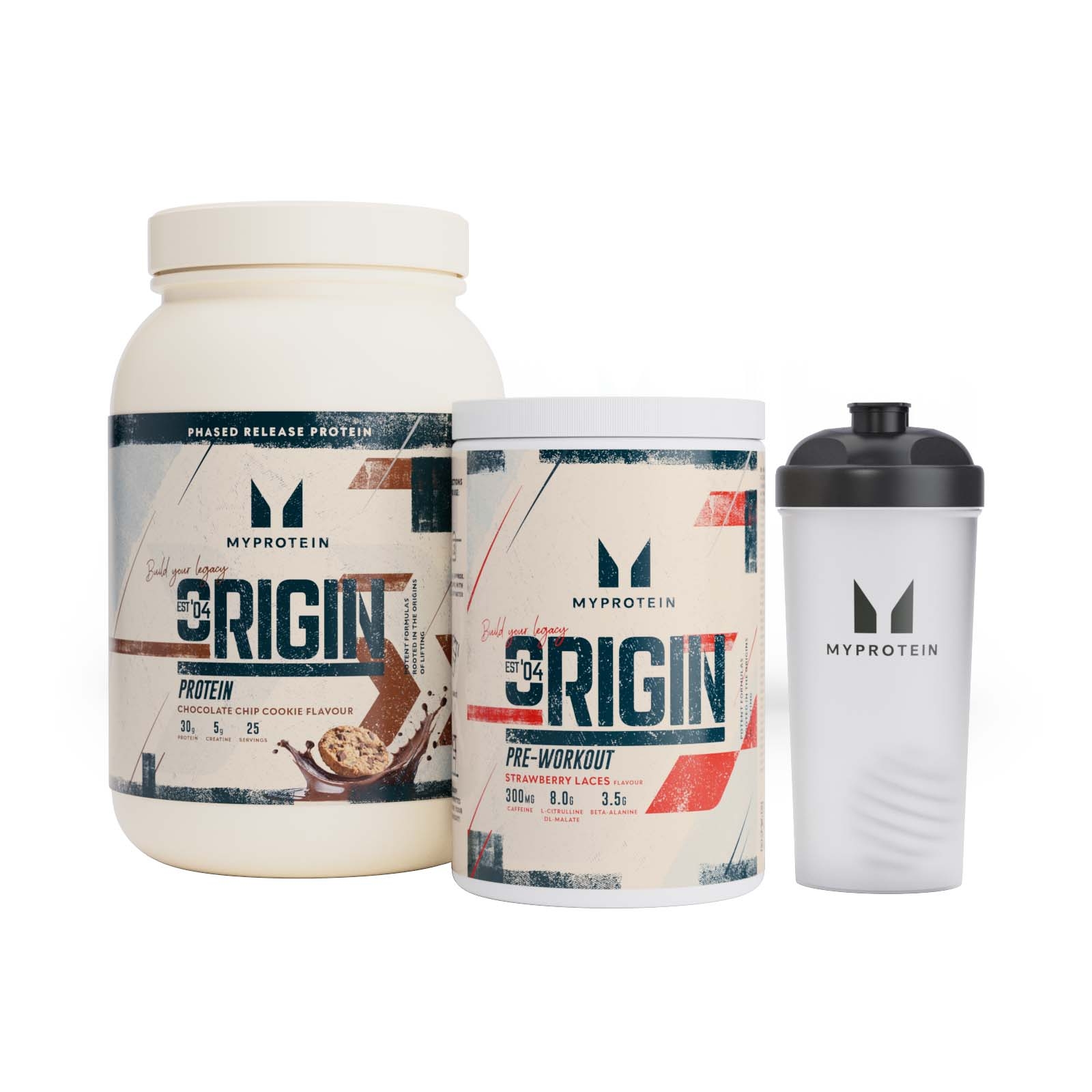 Myprotein UK MyProtein Origin Bundle - Protein - Chocolate Chip Cookie - Pre-Workout - Strawberry Laces - Shaker