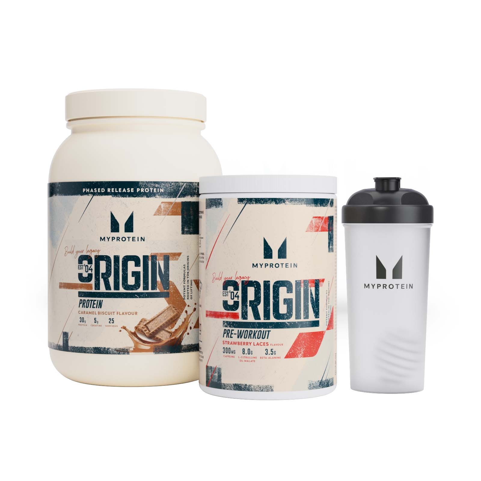 Origin Bundle - Protein - Caramelised Biscuit - Pre-Workout - Strawberry Laces - Shaker