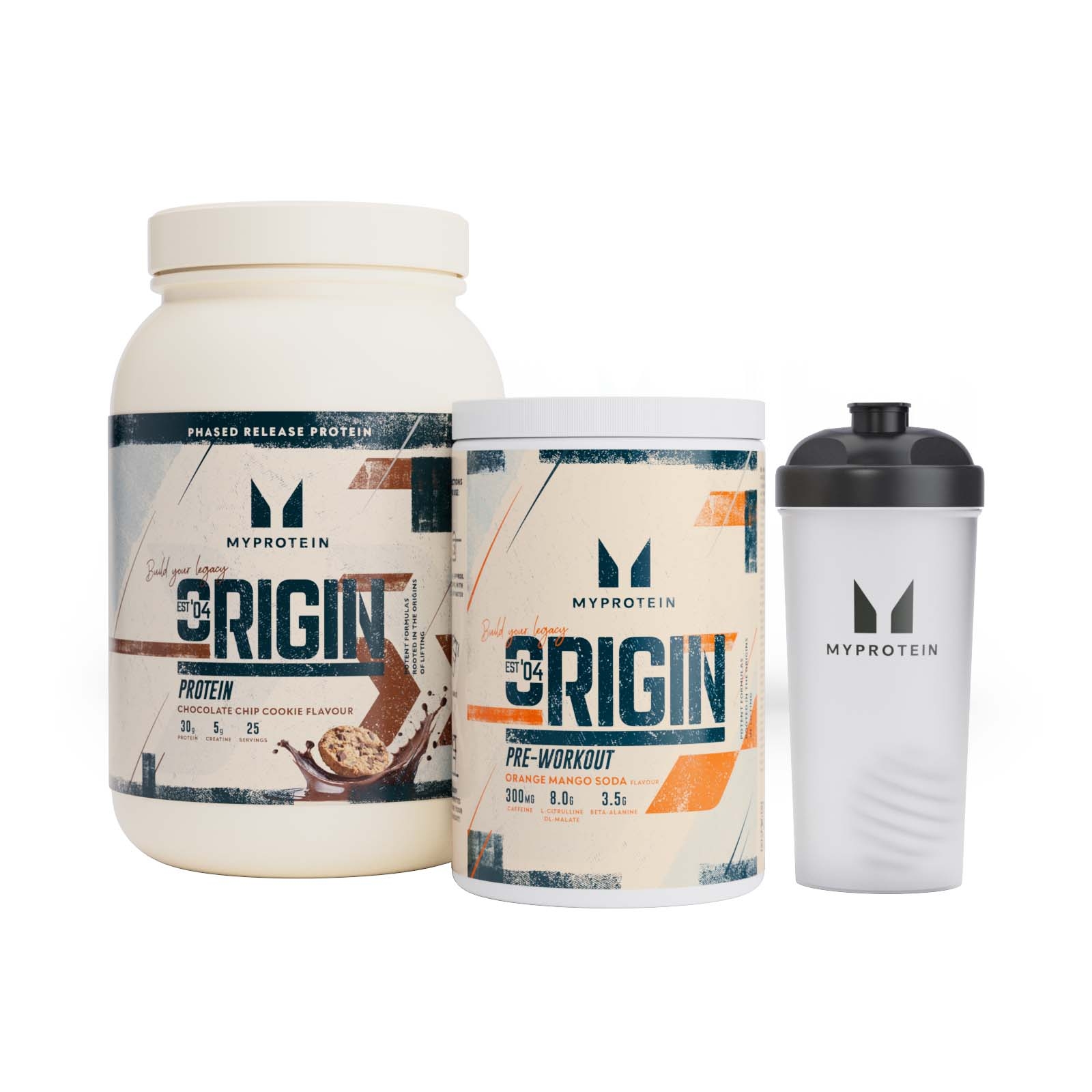Origin Bundle - Protein - Chocolate Chip Cookie - Pre-Workout - Orange Mango Soda - Shaker
