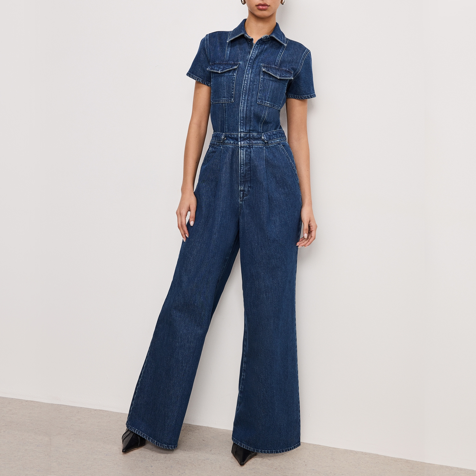 Good American Fit For Success Pleated Denim Jumpsuit - M