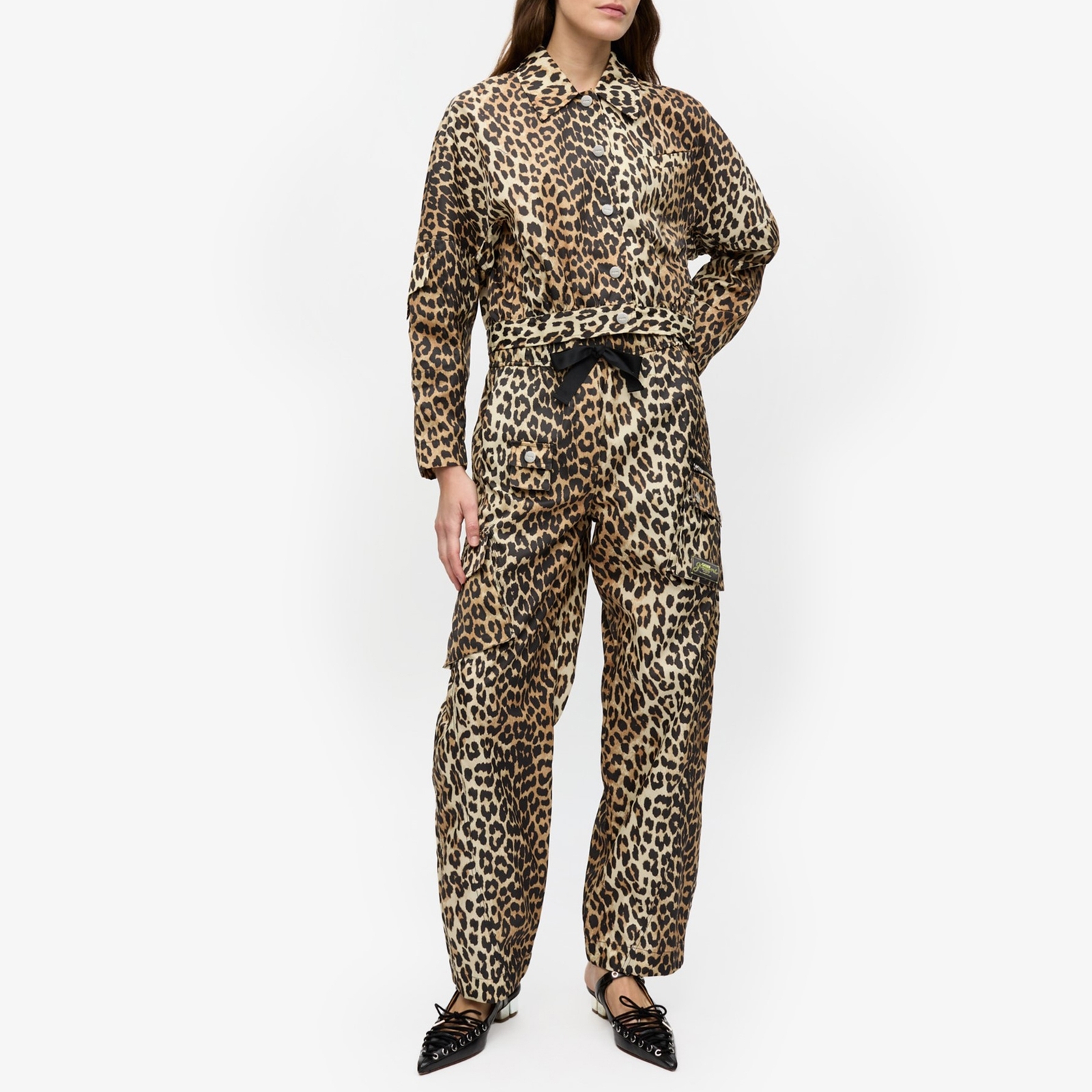 Ganni Duchesse Leopard-Print Nylon Short Jacket - UK 6