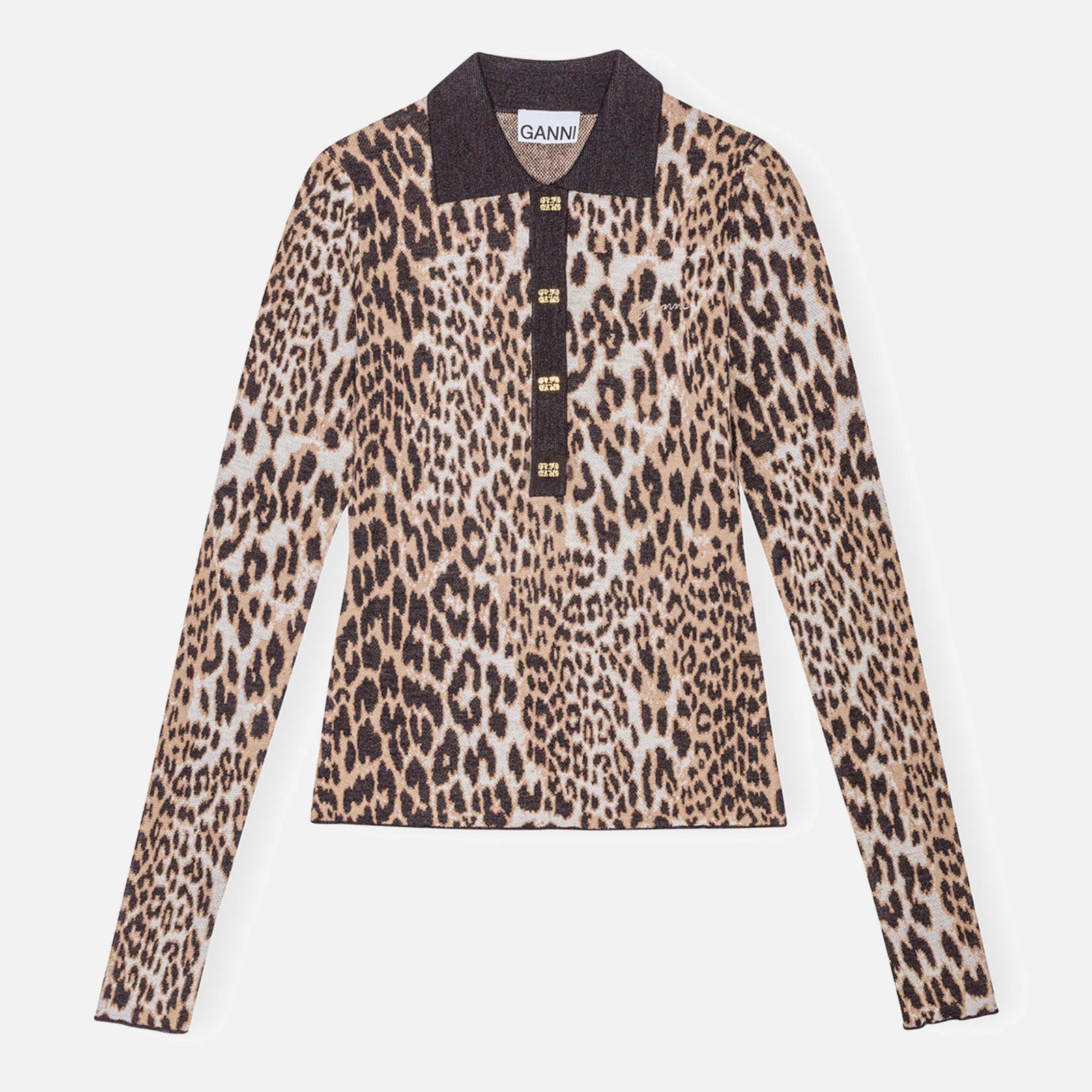 Ganni Leopard-Jacquard Wool Knit Top - L