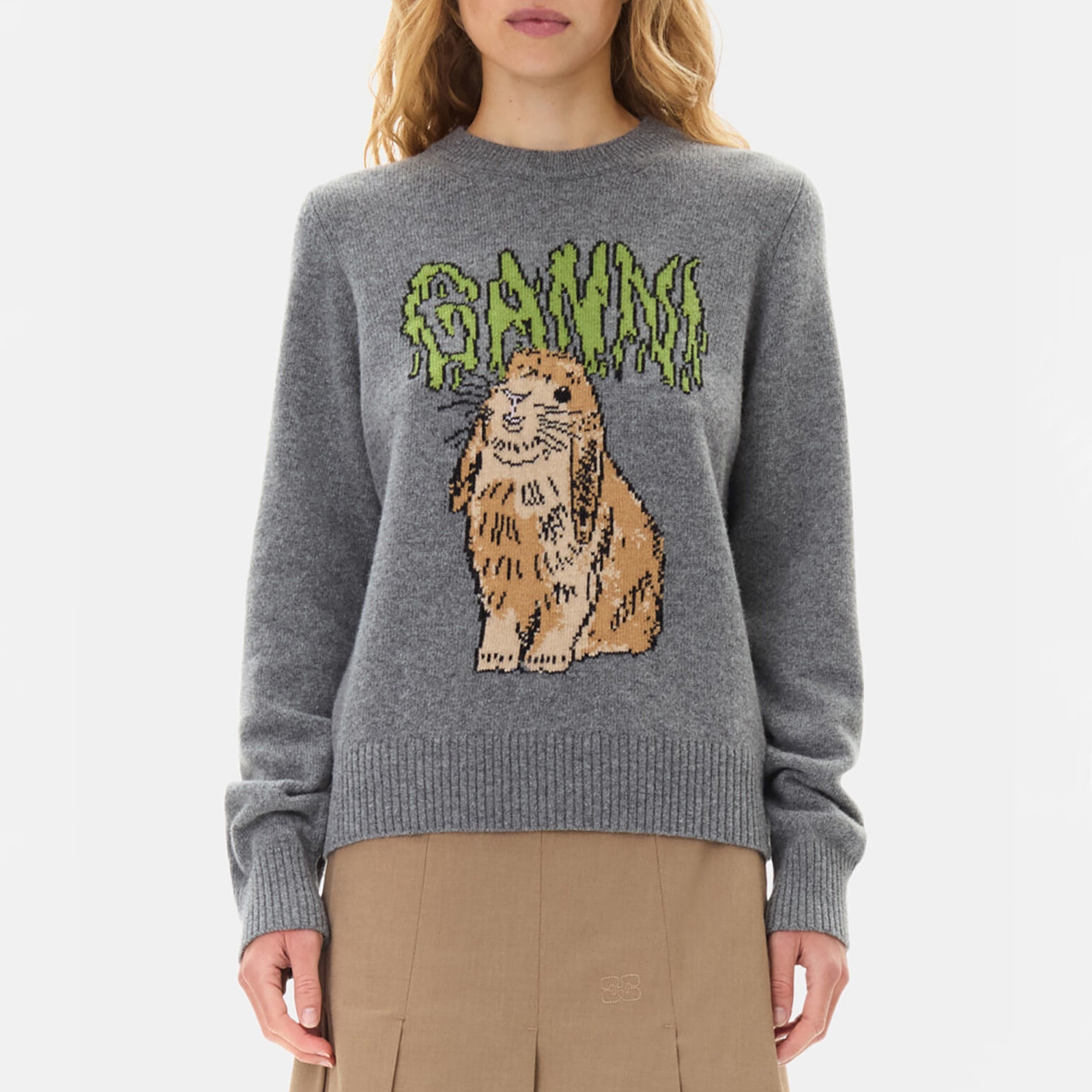Ganni Graphic Bunny Crewneck Wool-Blend Knit Jumper - XS