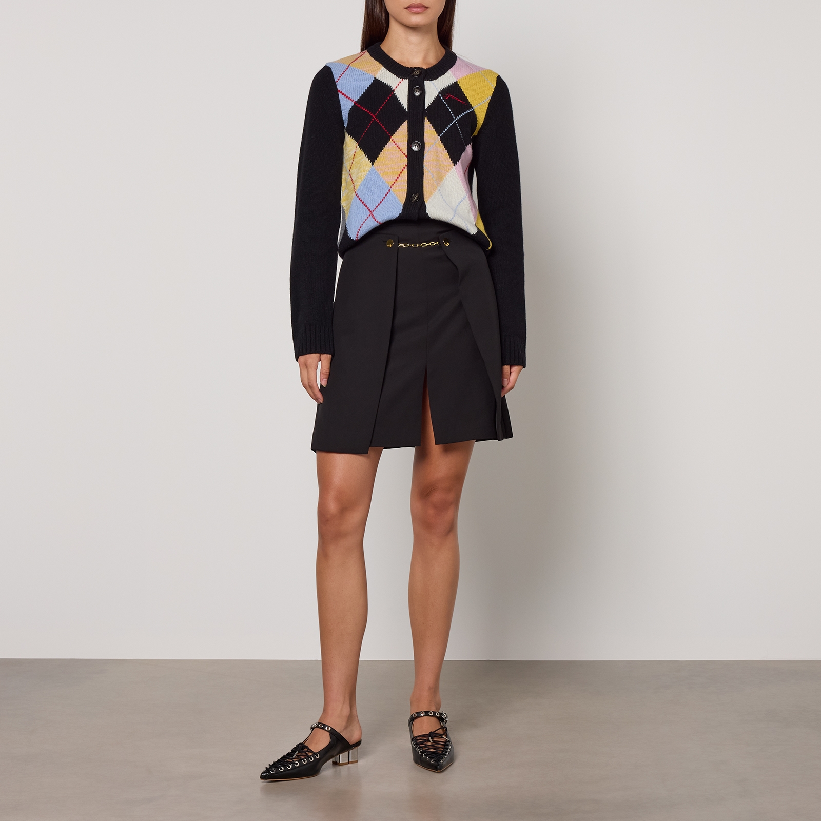 Ganni Harlequin Wool-Blend Knit Cardigan - M
