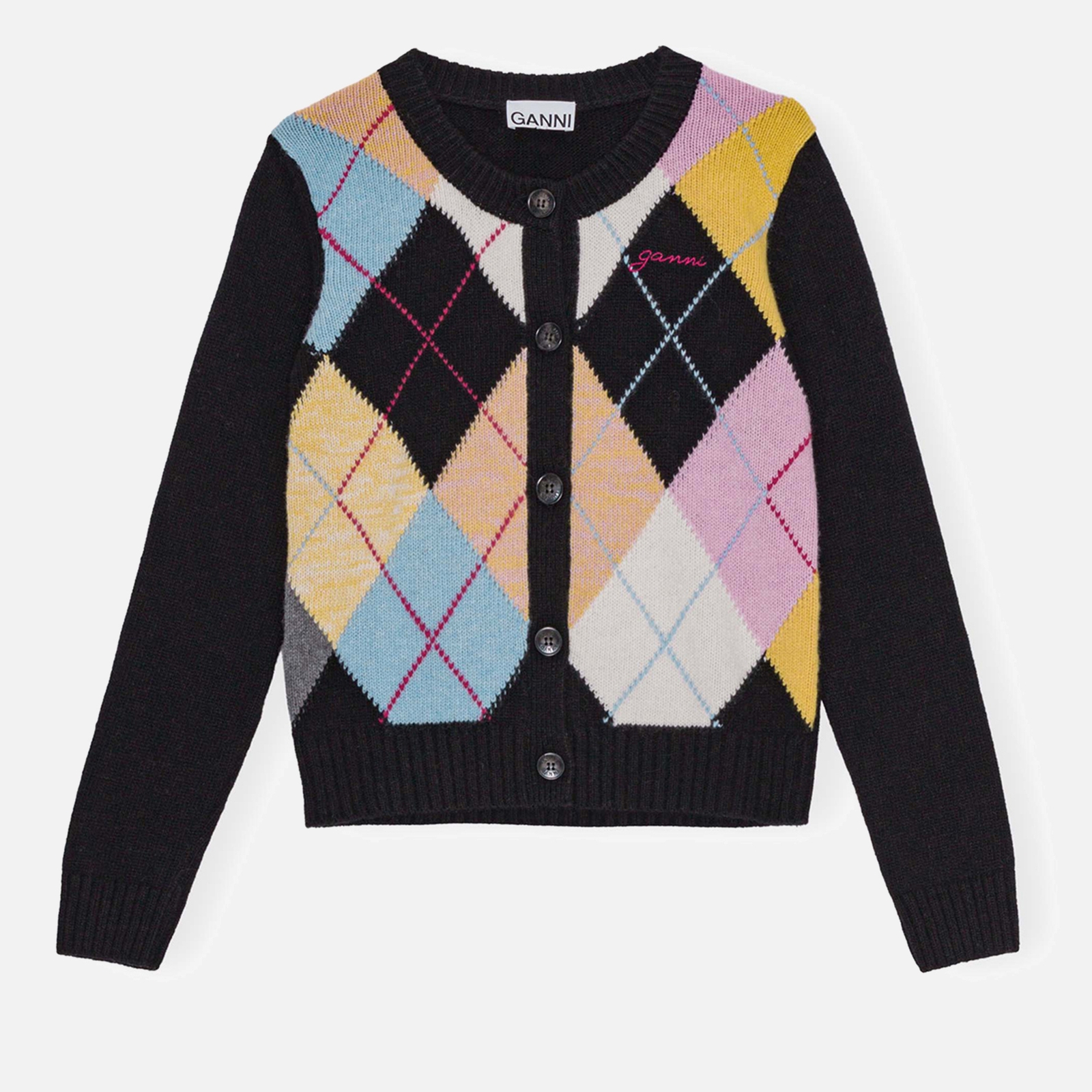 Ganni Harlequin Wool-Blend Knit Cardigan - S