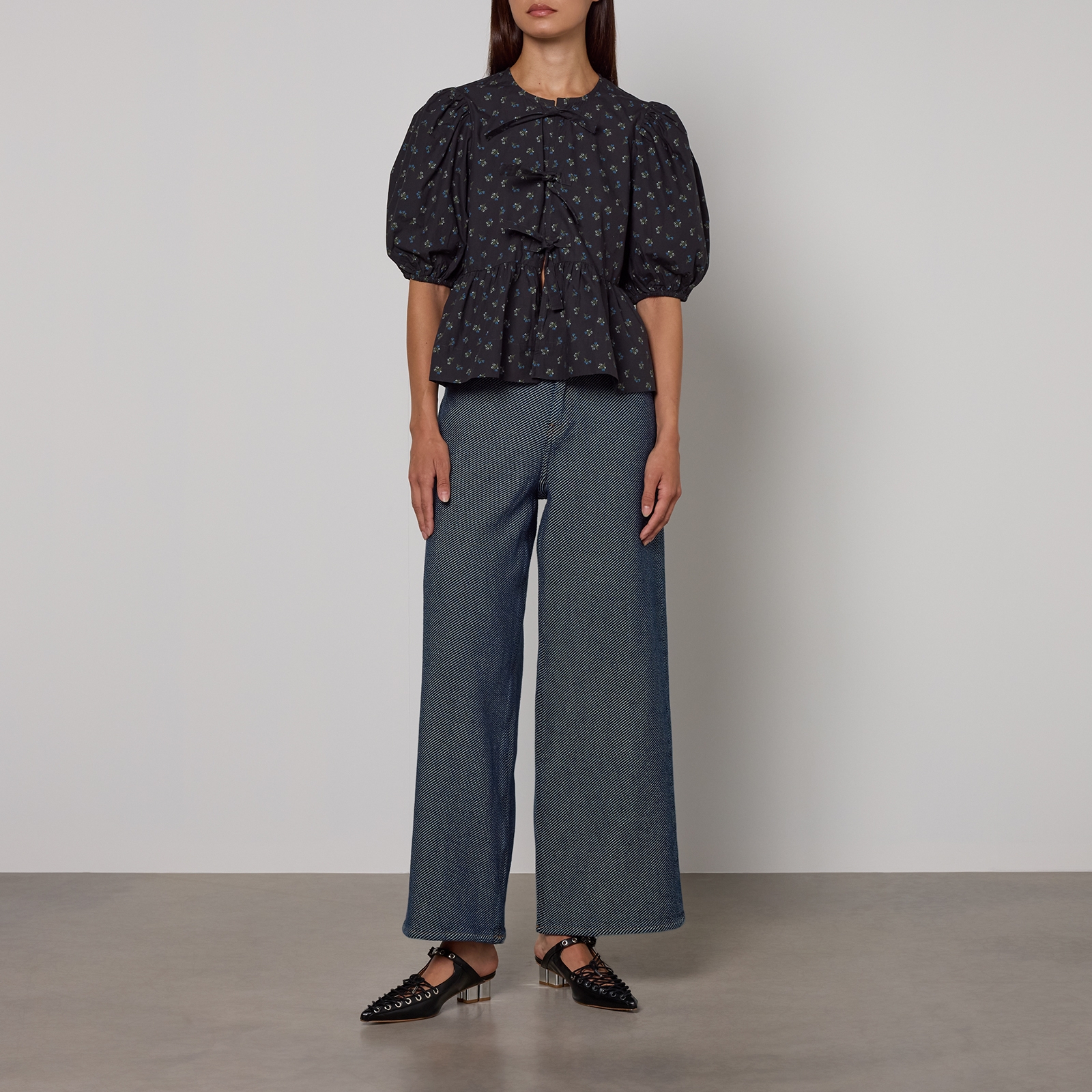 Ganni Ditsy-Print Organic Cotton Peplum Blouse - UK 6