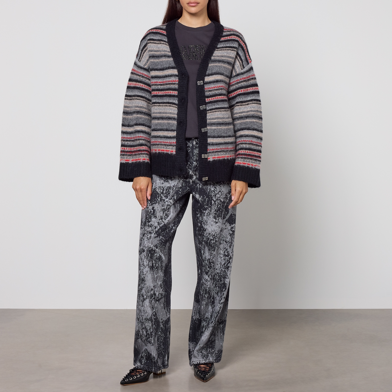 Ganni Striped Boxy Wool-Blend Cardigan - XS
