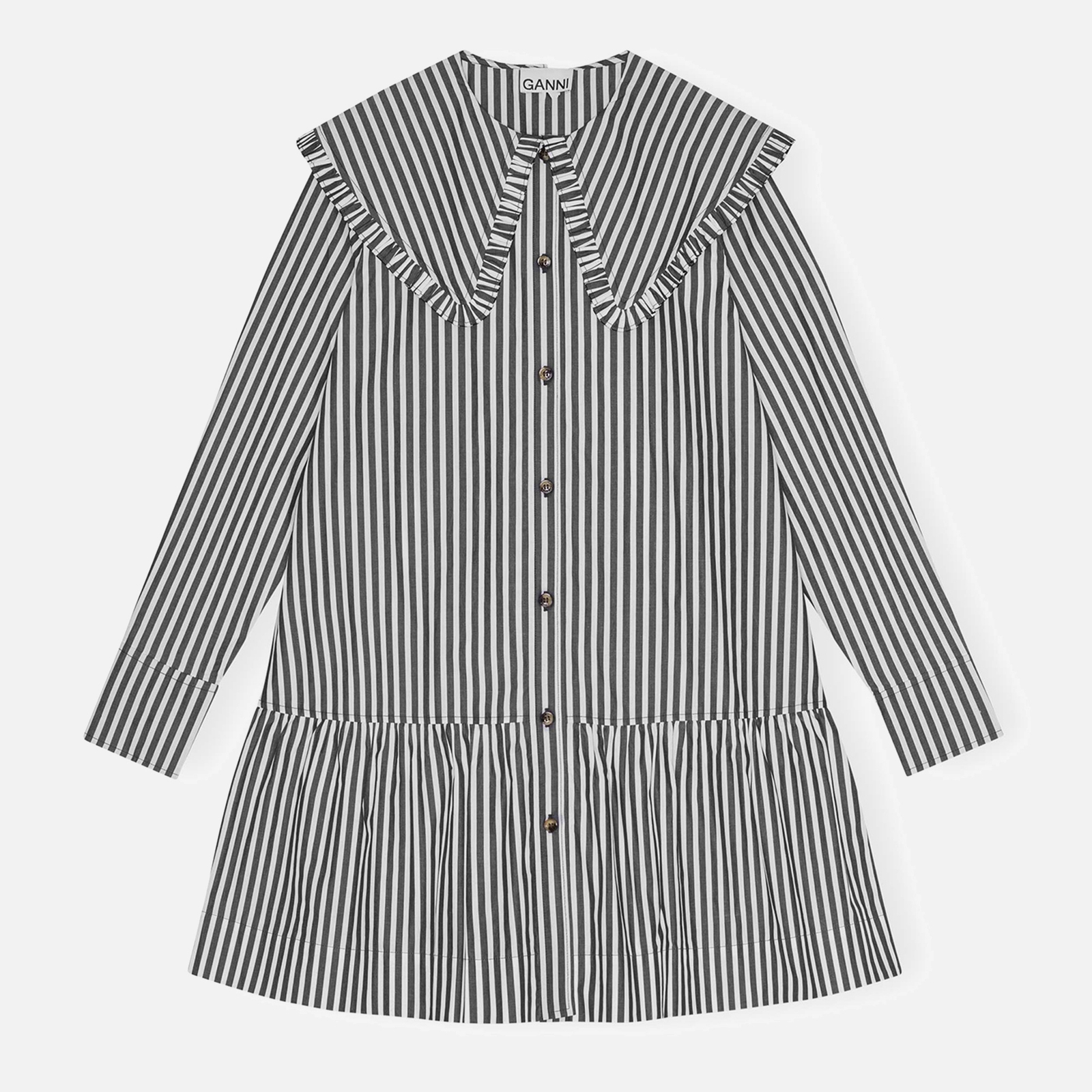 Ganni Stripe Big Collar Cotton-Poplin Mini Shirt Dress - UK 16