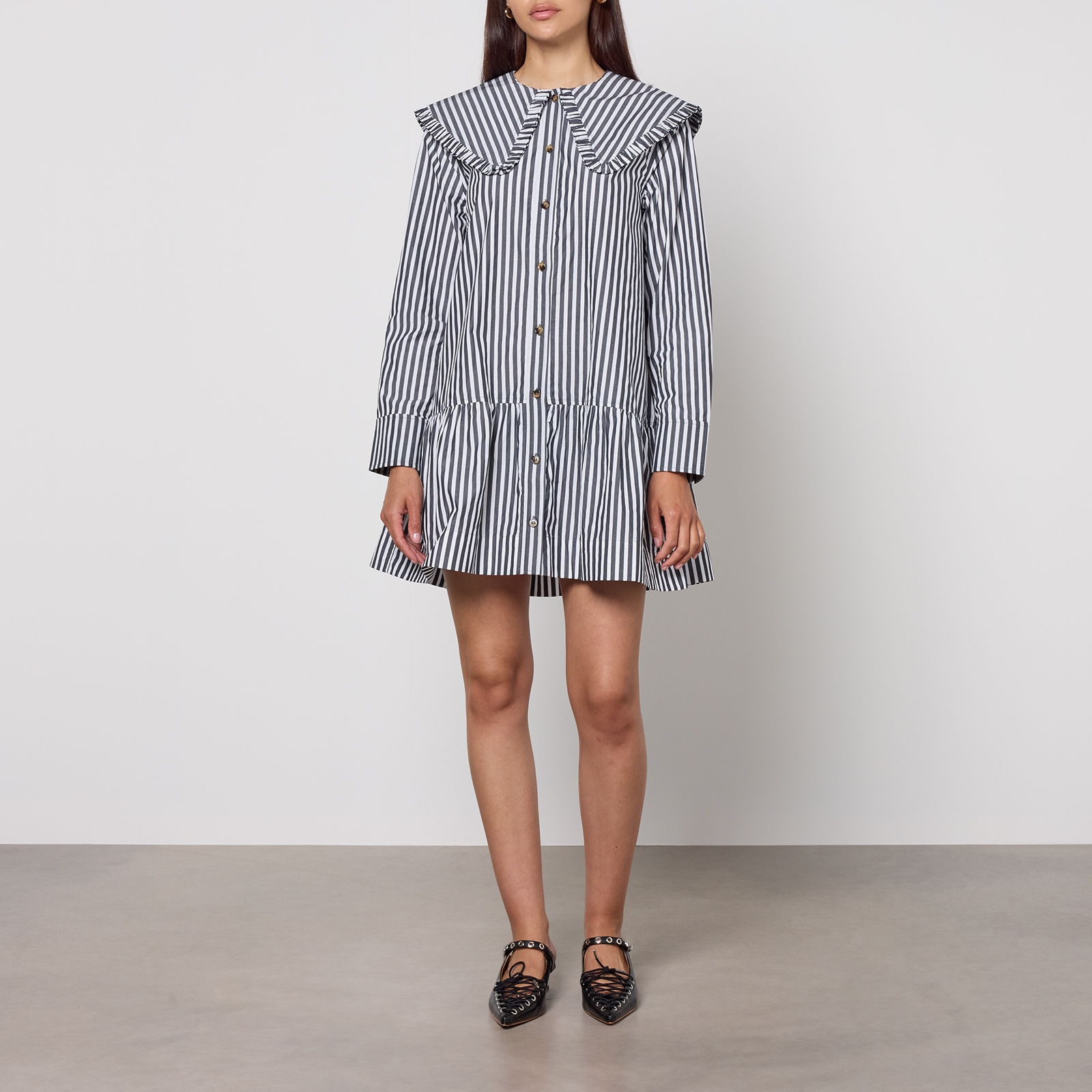 Ganni Stripe Big Collar Cotton-Poplin Mini Shirt Dress - UK 6