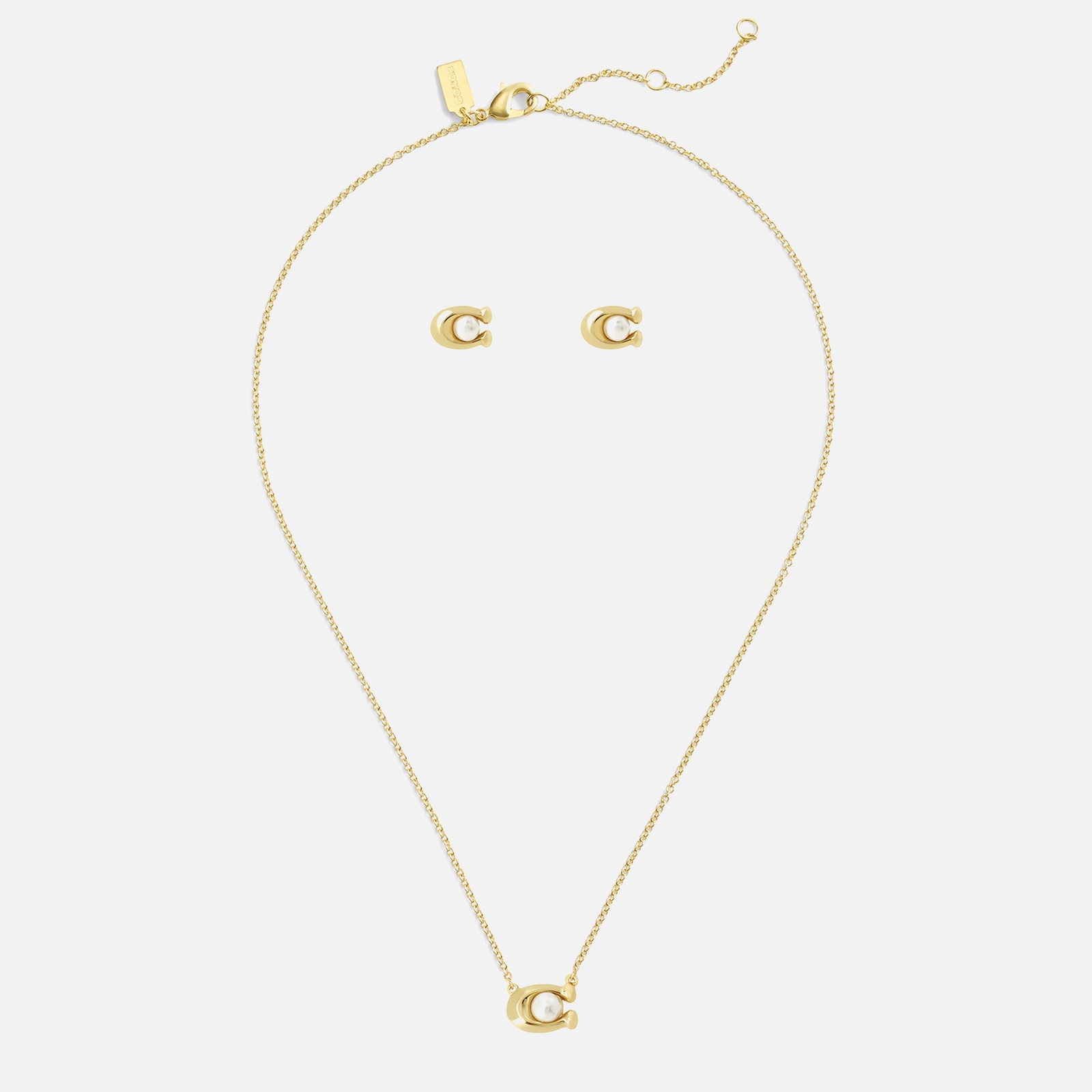 Coach Earrings & Necklace C Gold-Tone Faux Pearl Set