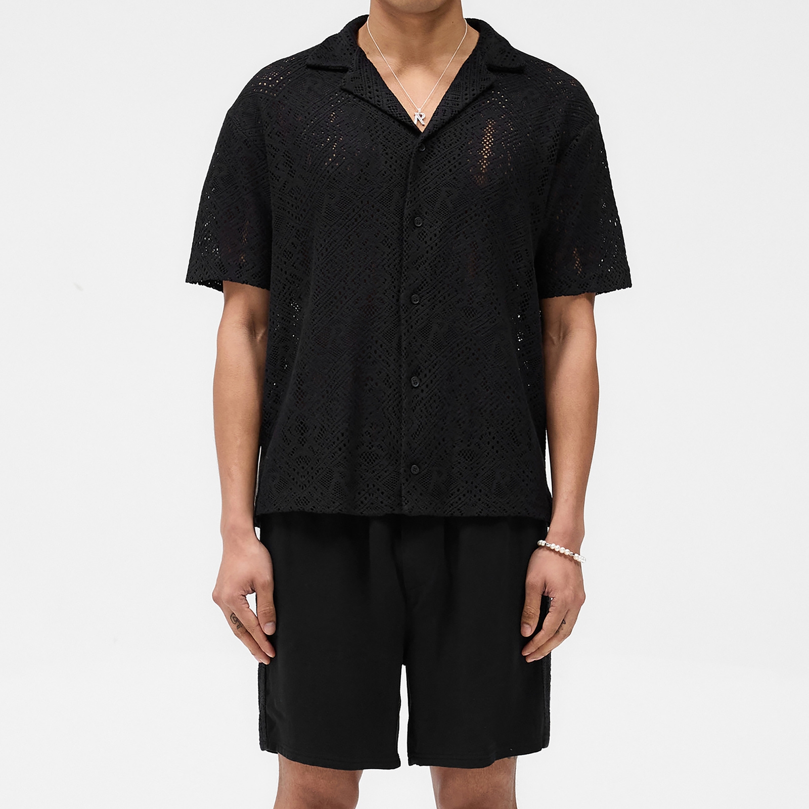 REPRESENT Men's All Over Crochet Short Sleeved Shirt - Jet Black - S