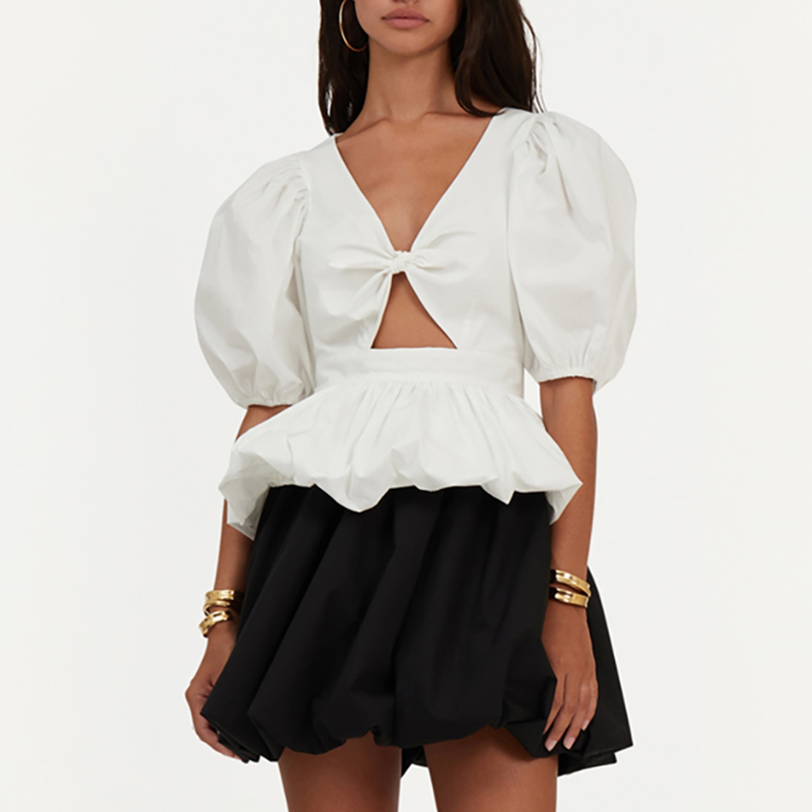 ROTATE Birger Christensen Puff Sleeve Cotton-Blend Poplin Top - UK 8
