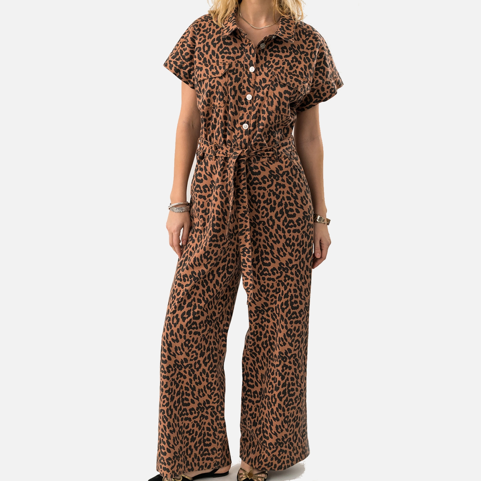 Lollys Laundry Mathilde Leopard-Print Denim Jumpsuit - L