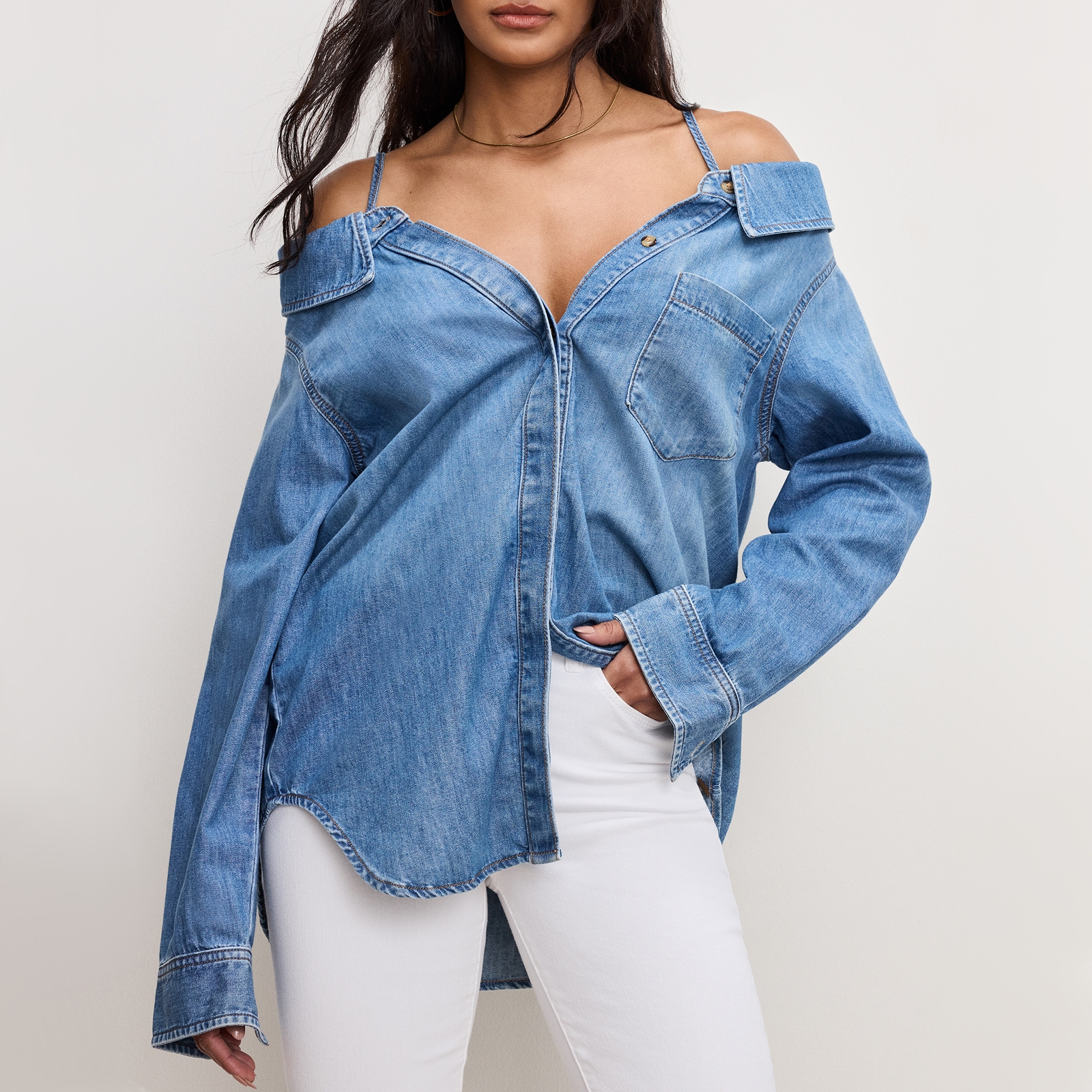 Good American Denim Off-The-Shoulder Shirt - M
