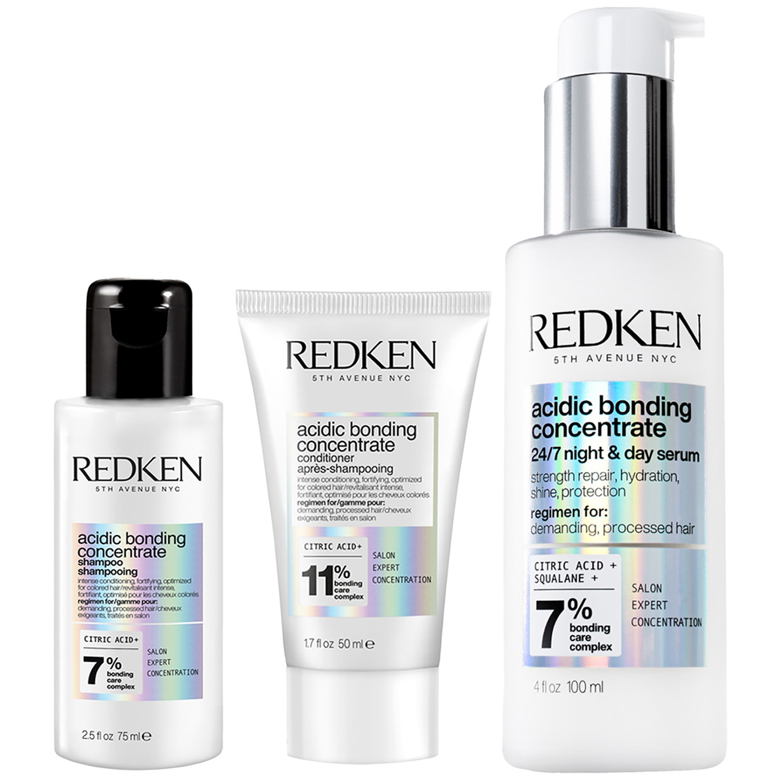 

Redken Acidic Bonding Concentrate Shampoo 75ml, Conditioner 50ml and 24/7 Night and Day Serum 100ml