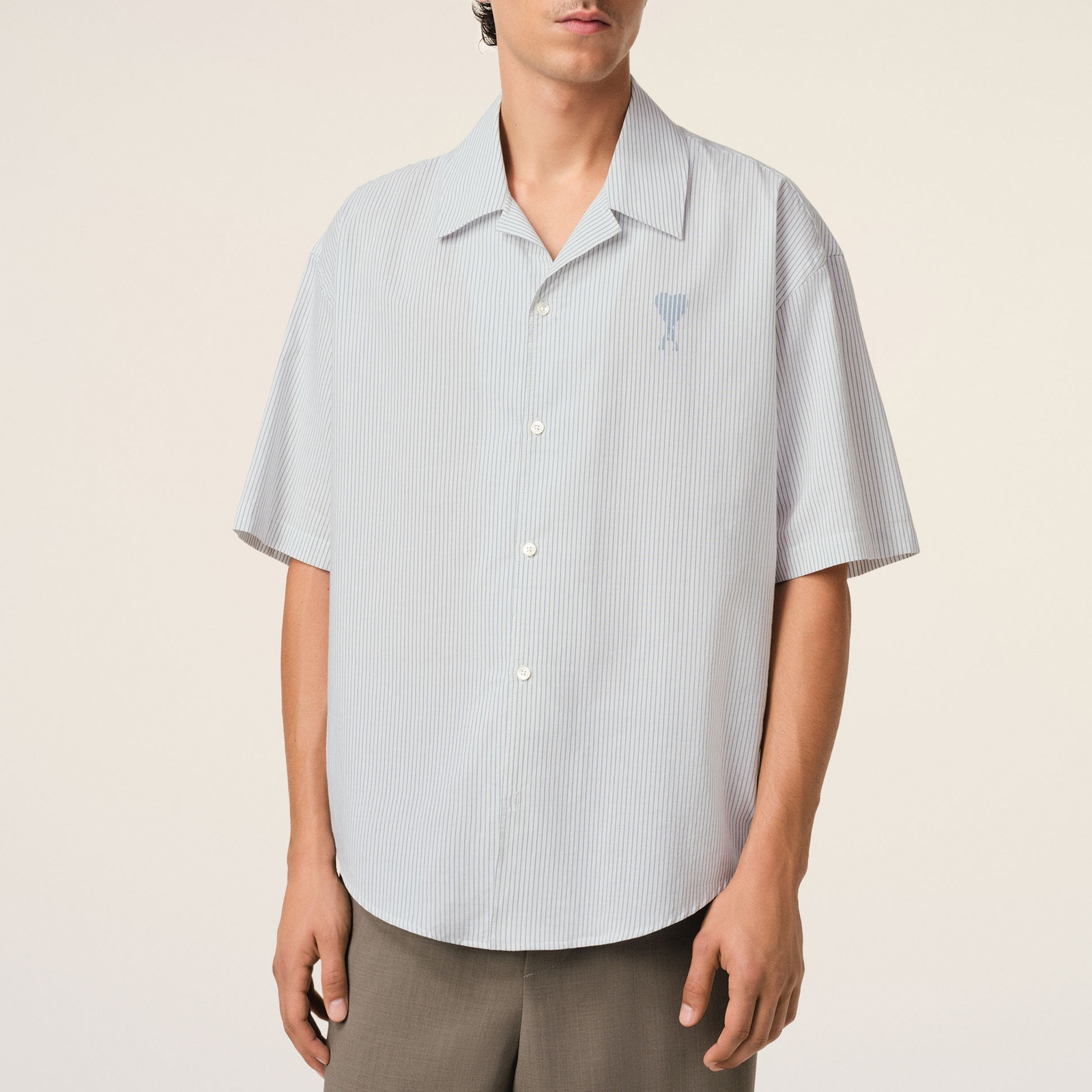 AMI Camp Collar Pinstriped Cotton Shirt - L