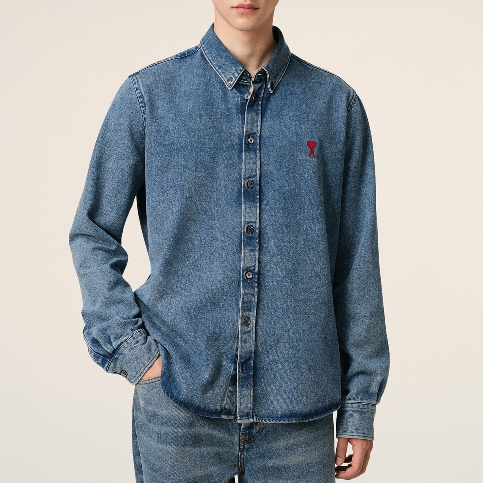 AMI Denim De Coeur Logo-Embroidered Denim Shirt - L