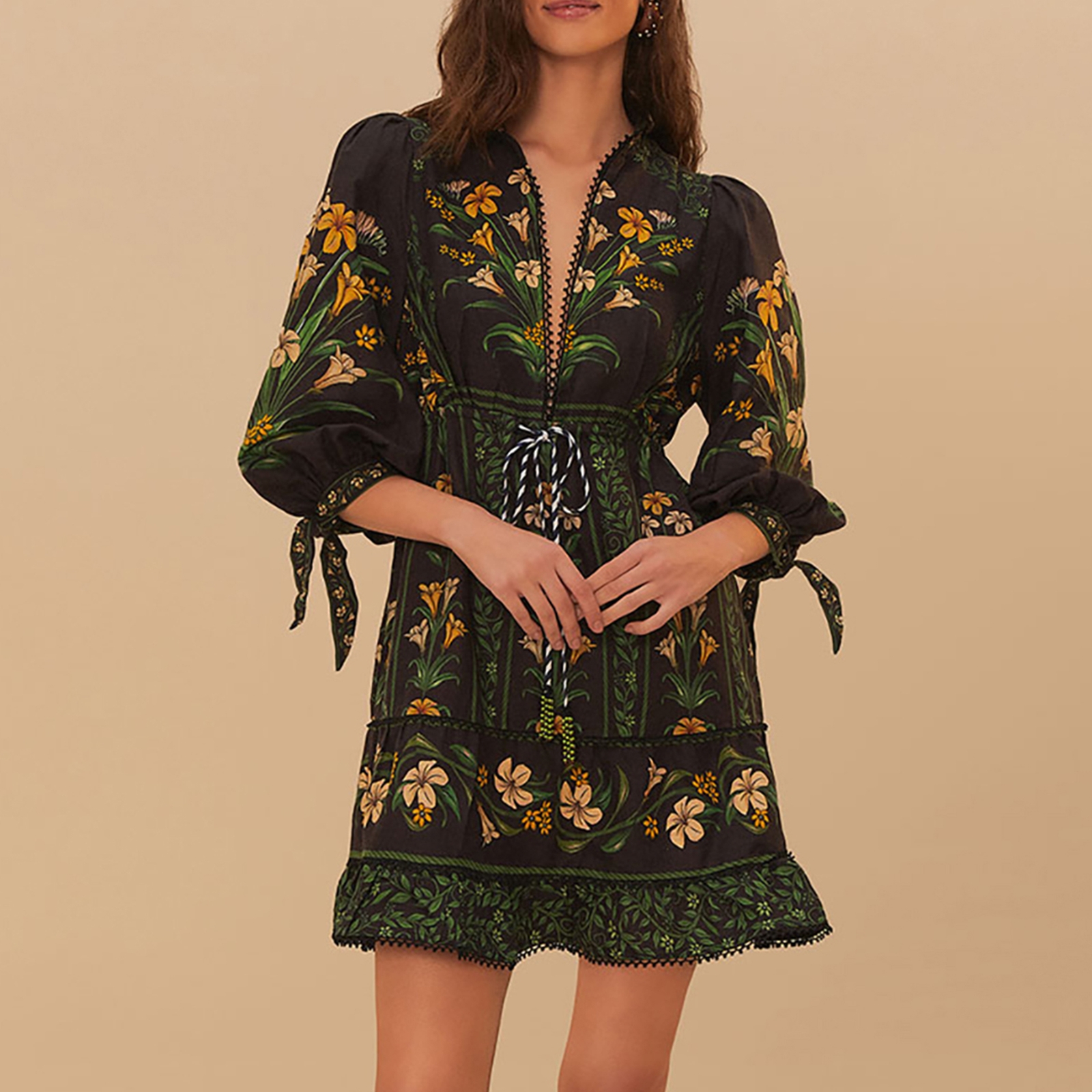 Farm Rio Flowers Arch Linen-Blend Mini Dress - XS