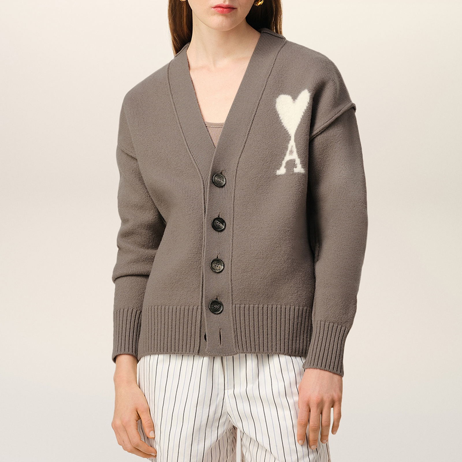 AMI Boxy ADC Logo-Intarsia Wool Cardigan - XL