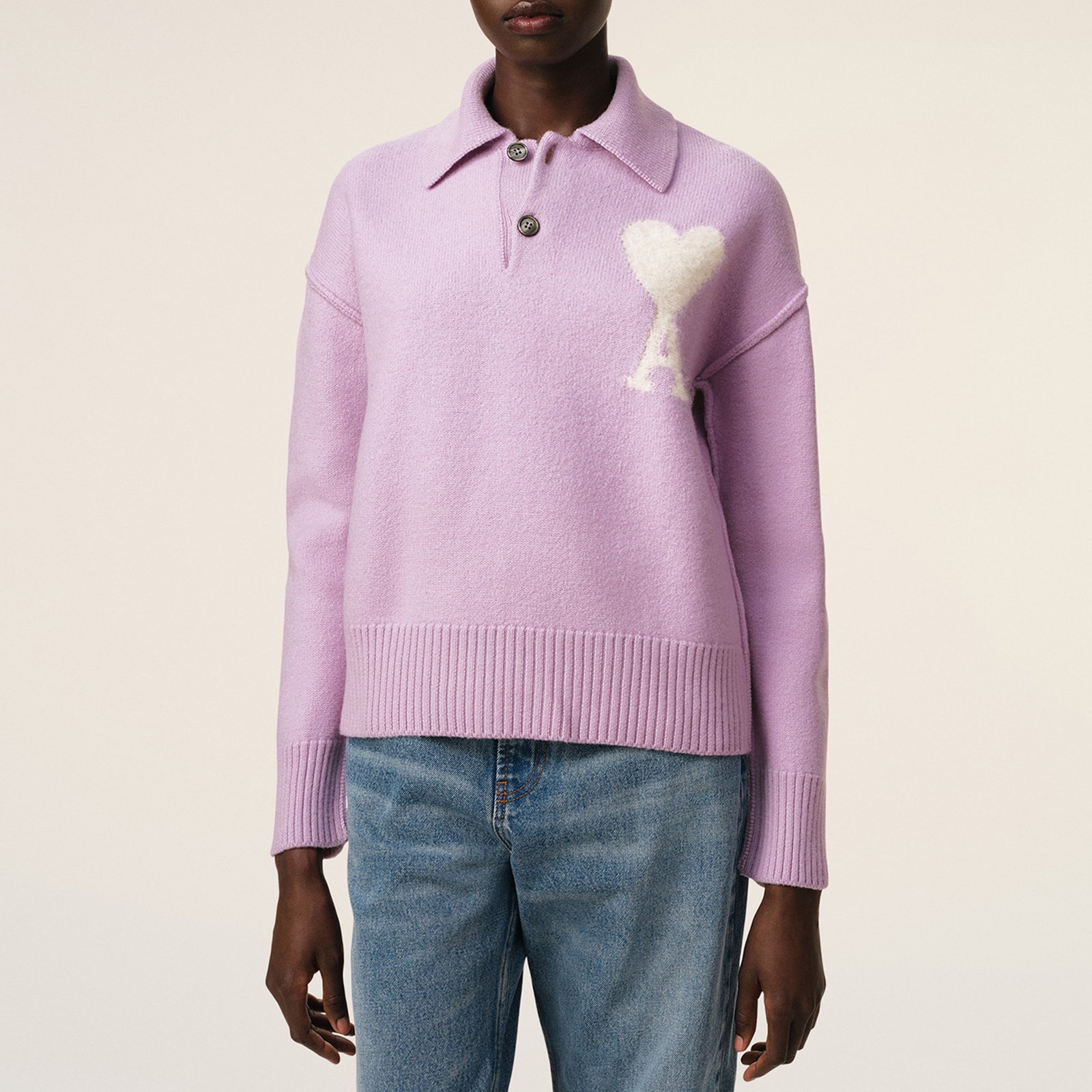 AMI Off White ADC Logo-Intarsia Wool Polo Jumper - S