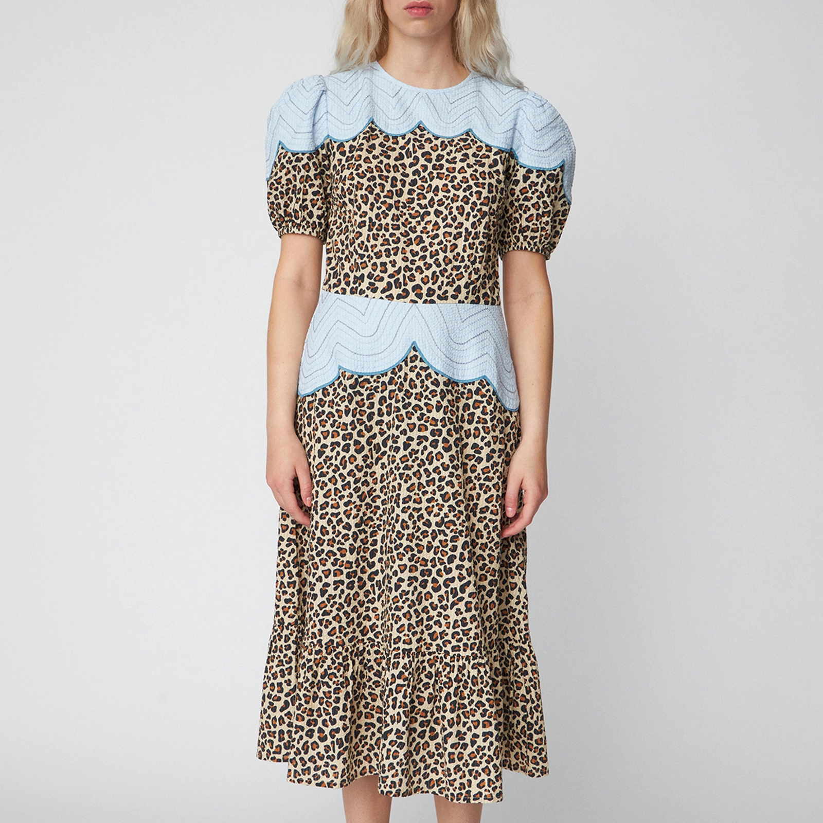 Stella Nova Leopard Embroidered Cotton-Seersucker Midi Dress - DK 38/UK 12