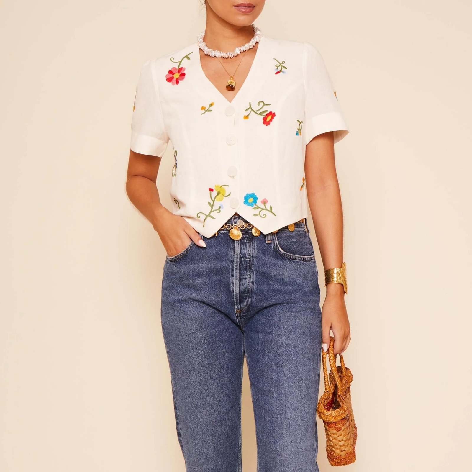 RIXO Immie Ombré Floral-Embroidered Woven Top - UK 10