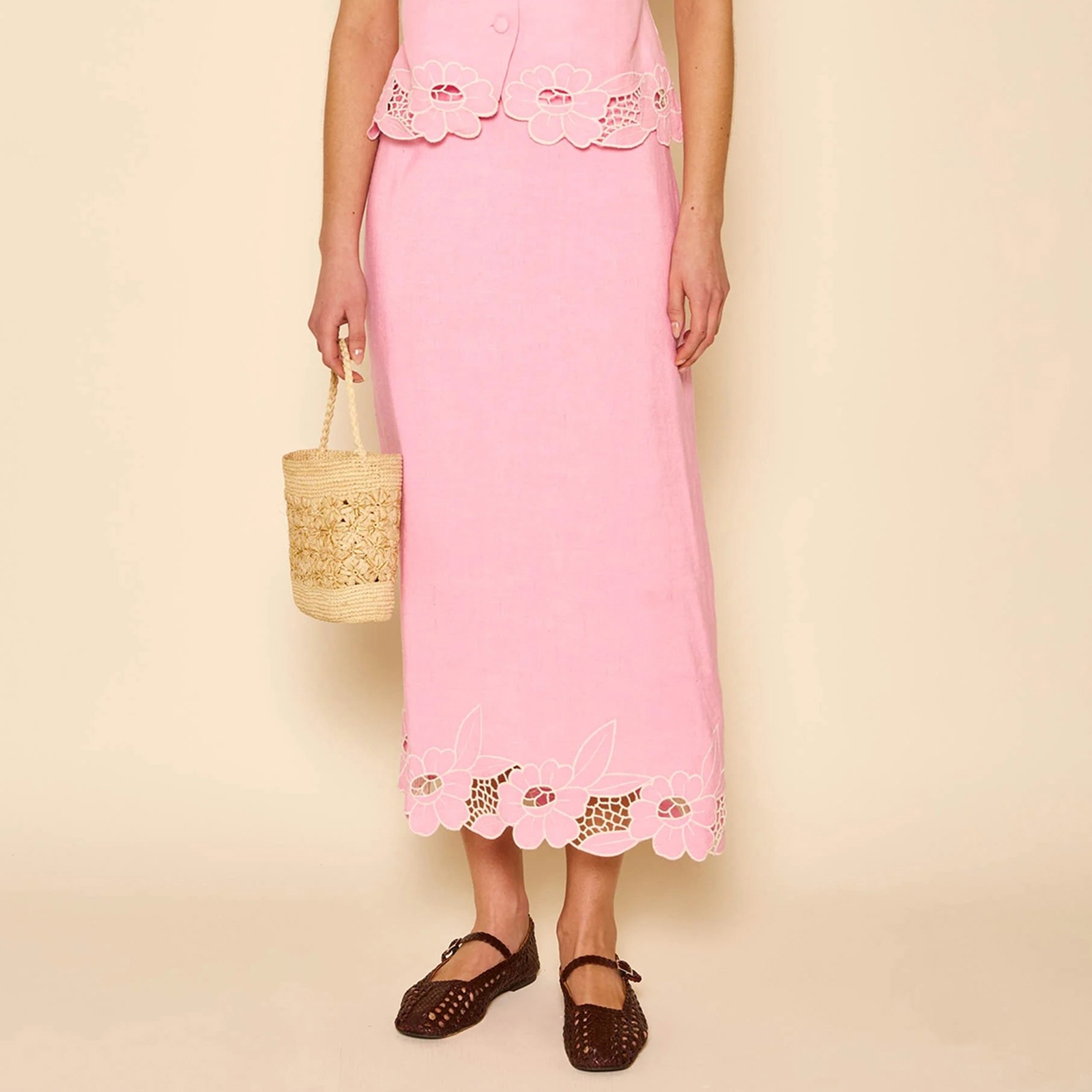 Rixo Serano Floral-Trimmed Linen-Blend Skirt - UK 8
