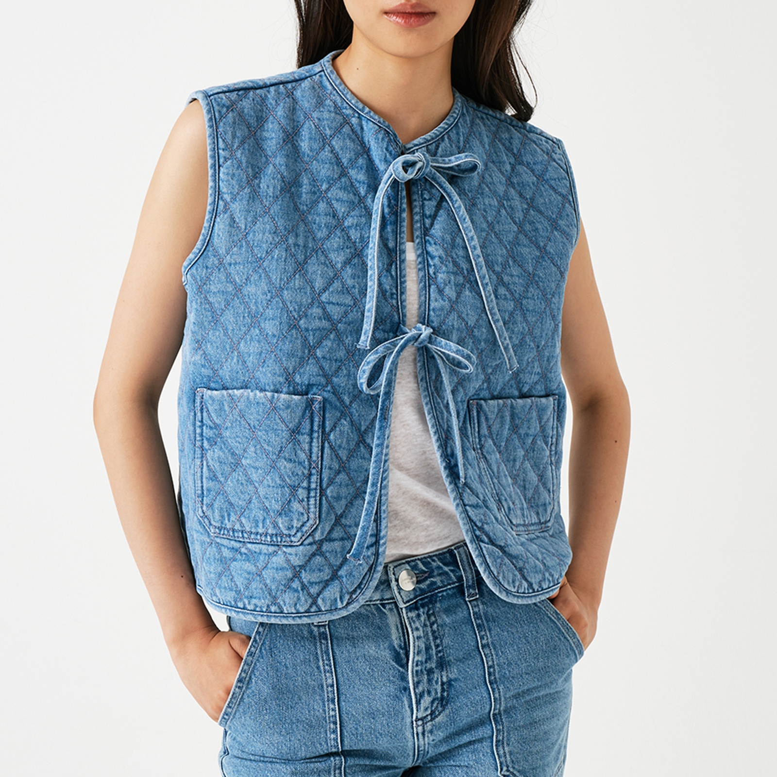 Seventy + Mochi Aria Cotton-Blend Chambray Quilted Vest - XS