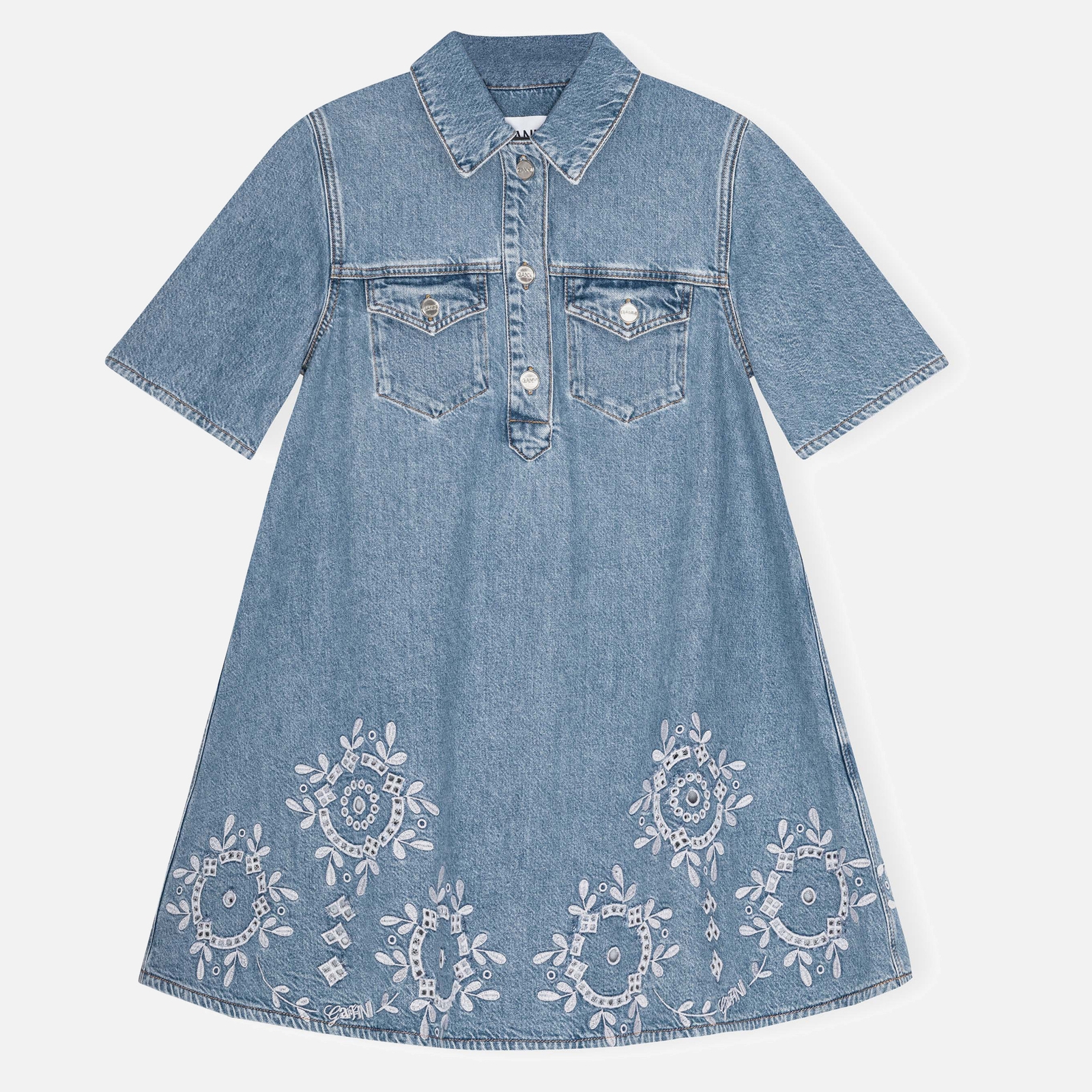 Ganni Broderie Anglaise Denim Mini Dress - EU 34/UK 6
