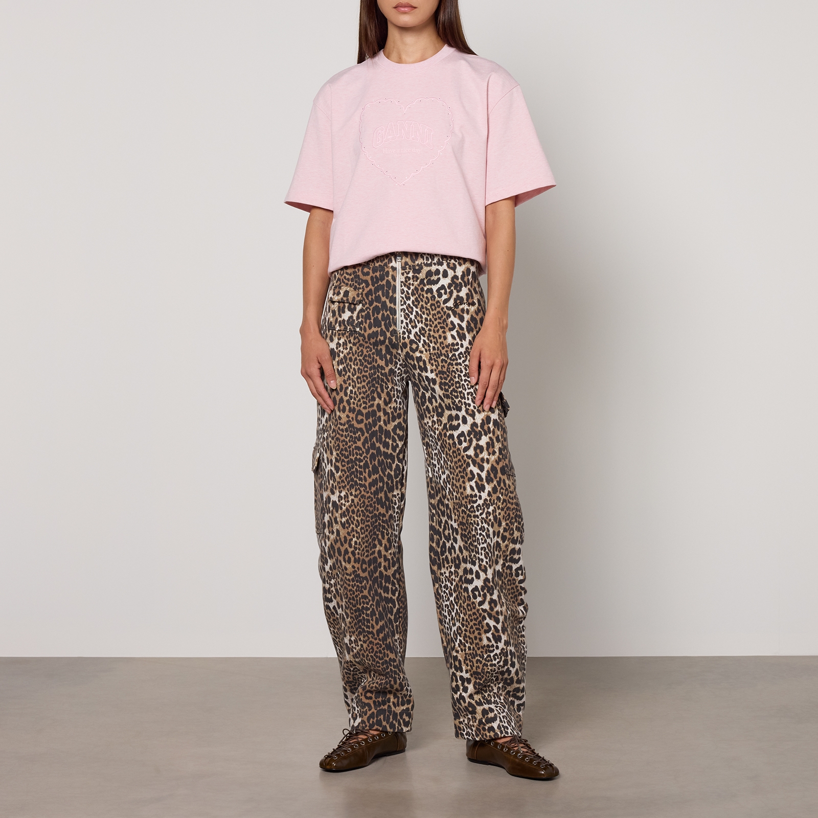 Ganni Leopard-Print Organic Cotton Trousers - M