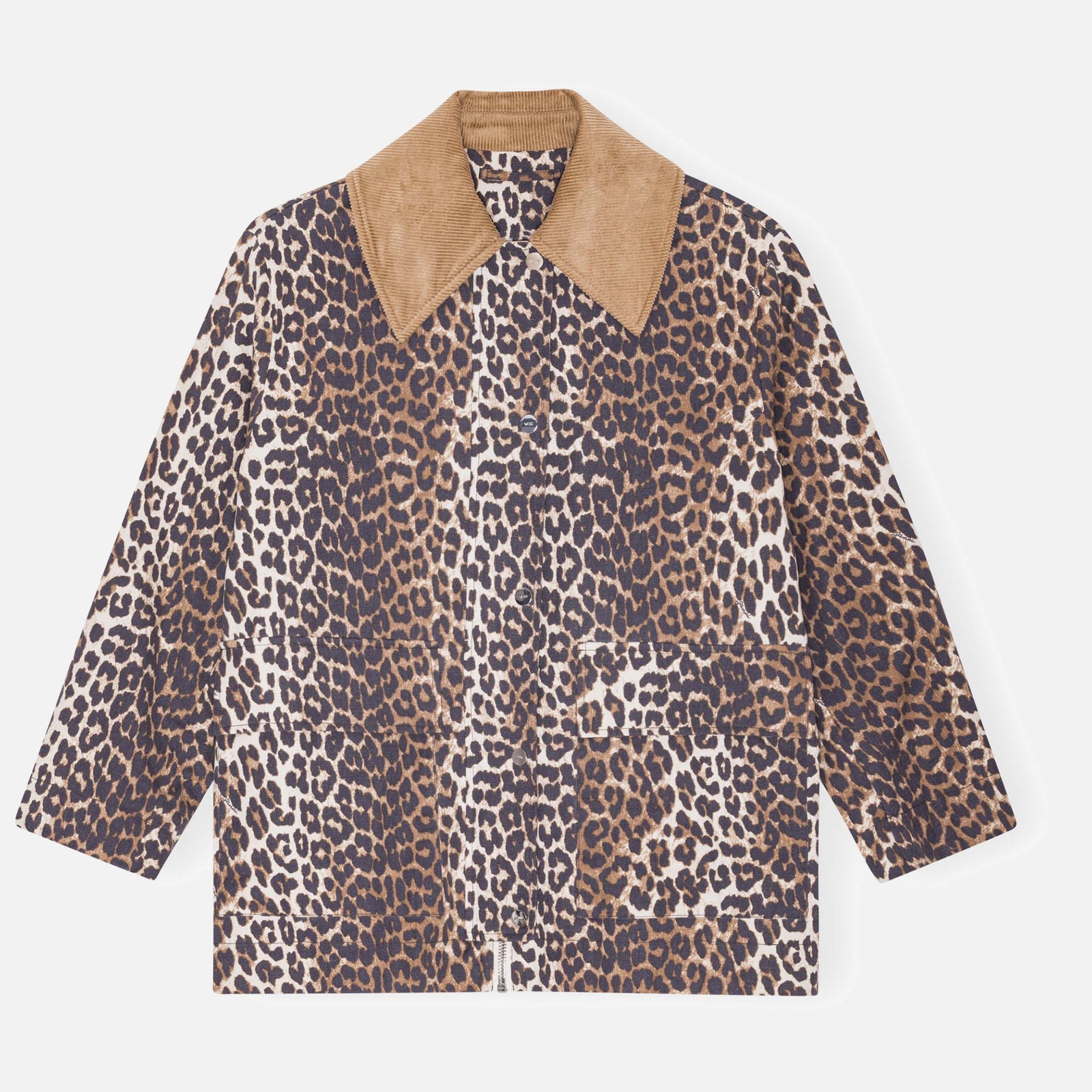 Ganni Leopard-Print Canvas Midi Jacket - L/XL