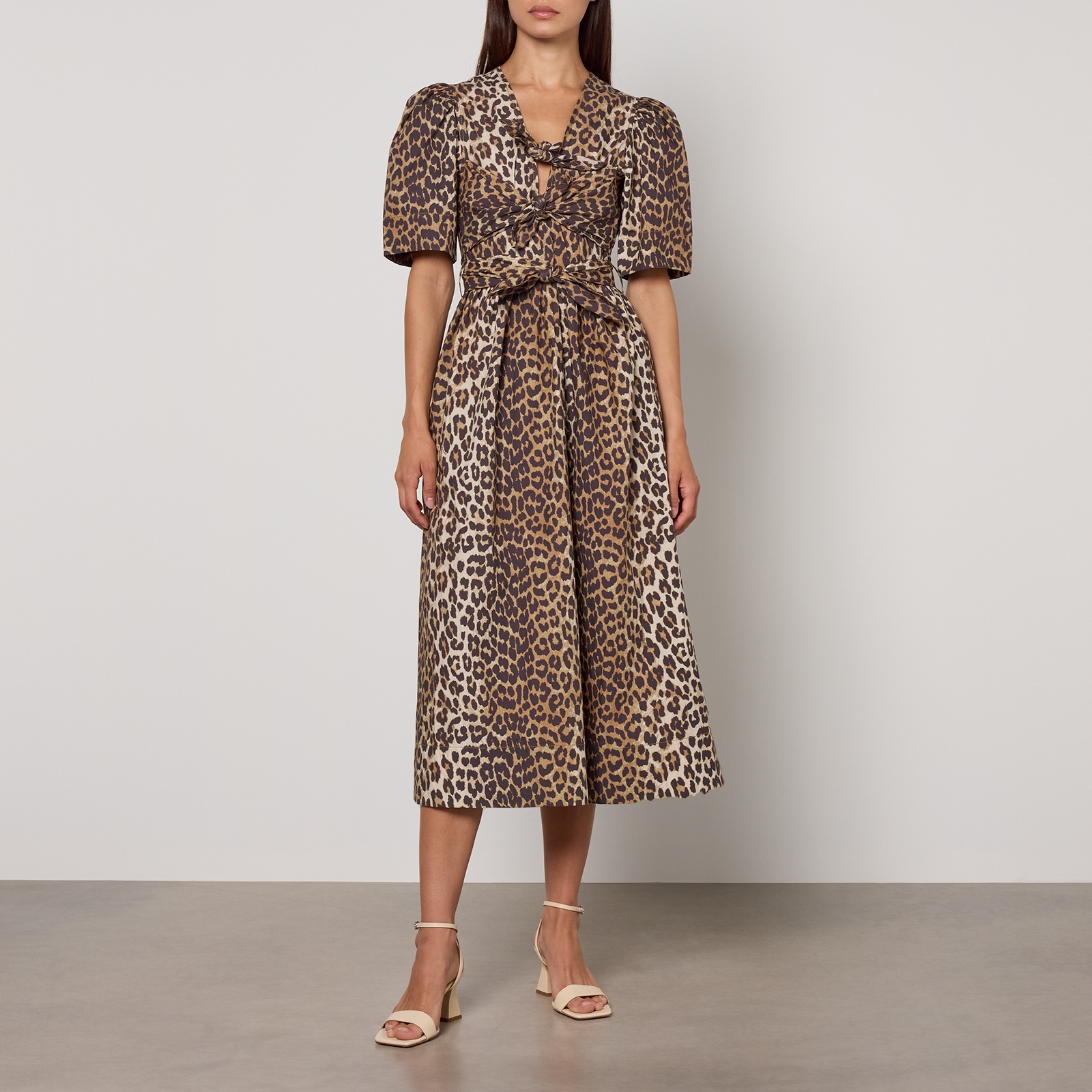 Ganni Printed Tie Strap Leopard-Print Cotton Midi Dress - EU 34/UK 6
