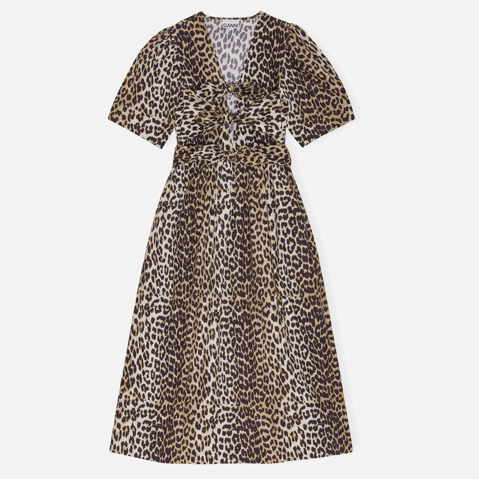 Ganni Printed Tie Strap Leopard-Print Cotton Midi Dress - EU 38/UK 10