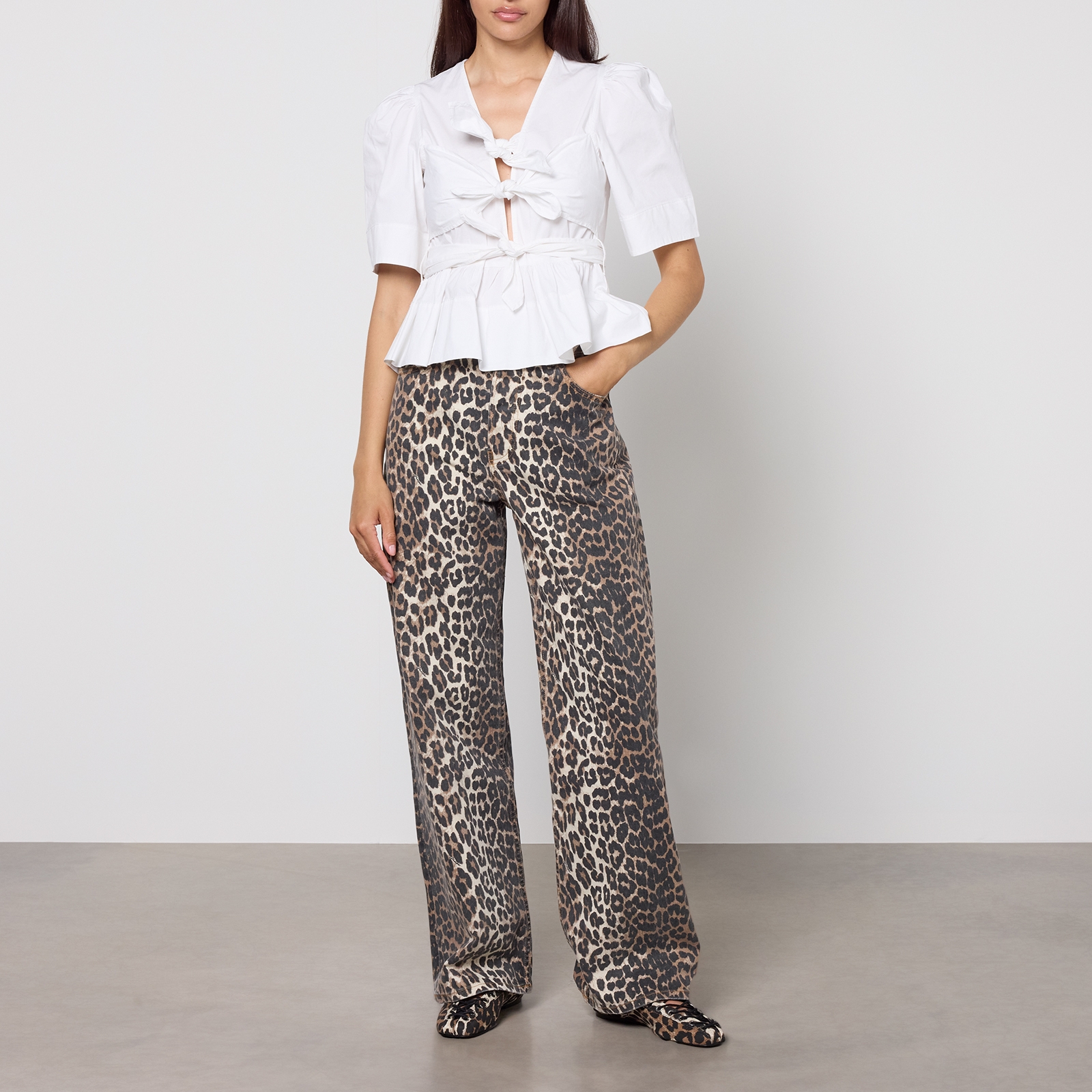Ganni Washed Cotton-Blend Poplin Tie Strap Blouse - EU 40/UK 12