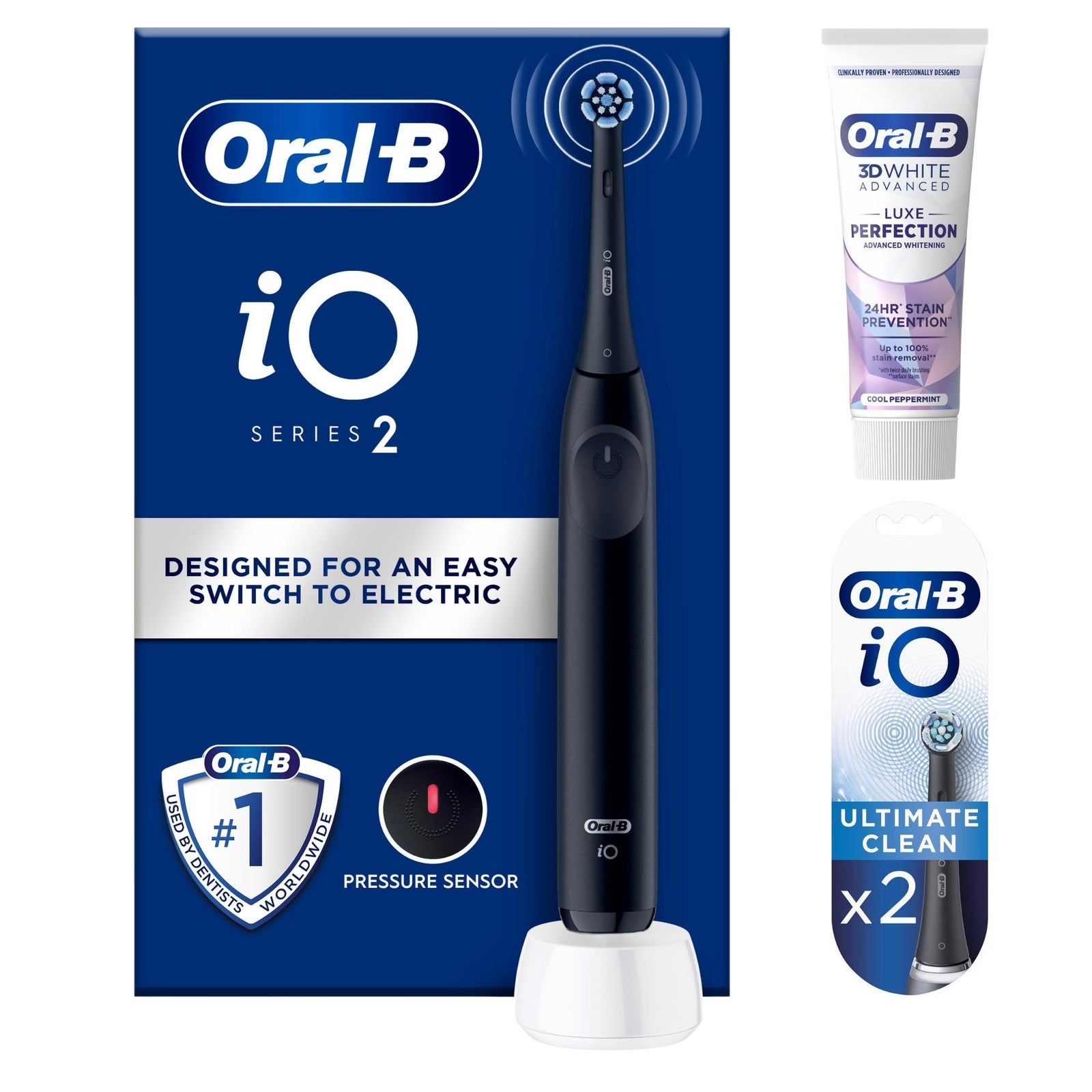Oral-B iO2 Night Black Electric Toothbrush - With Toothpaste - Toothbrush + 2 Toothbrush Heads