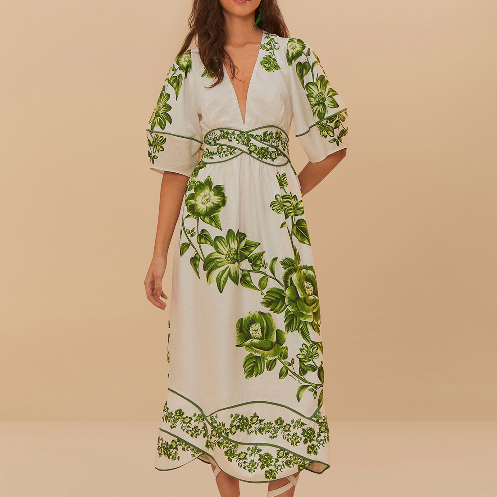 Farm Rio Green Floral Cascade Cotton Midi Dress - XS