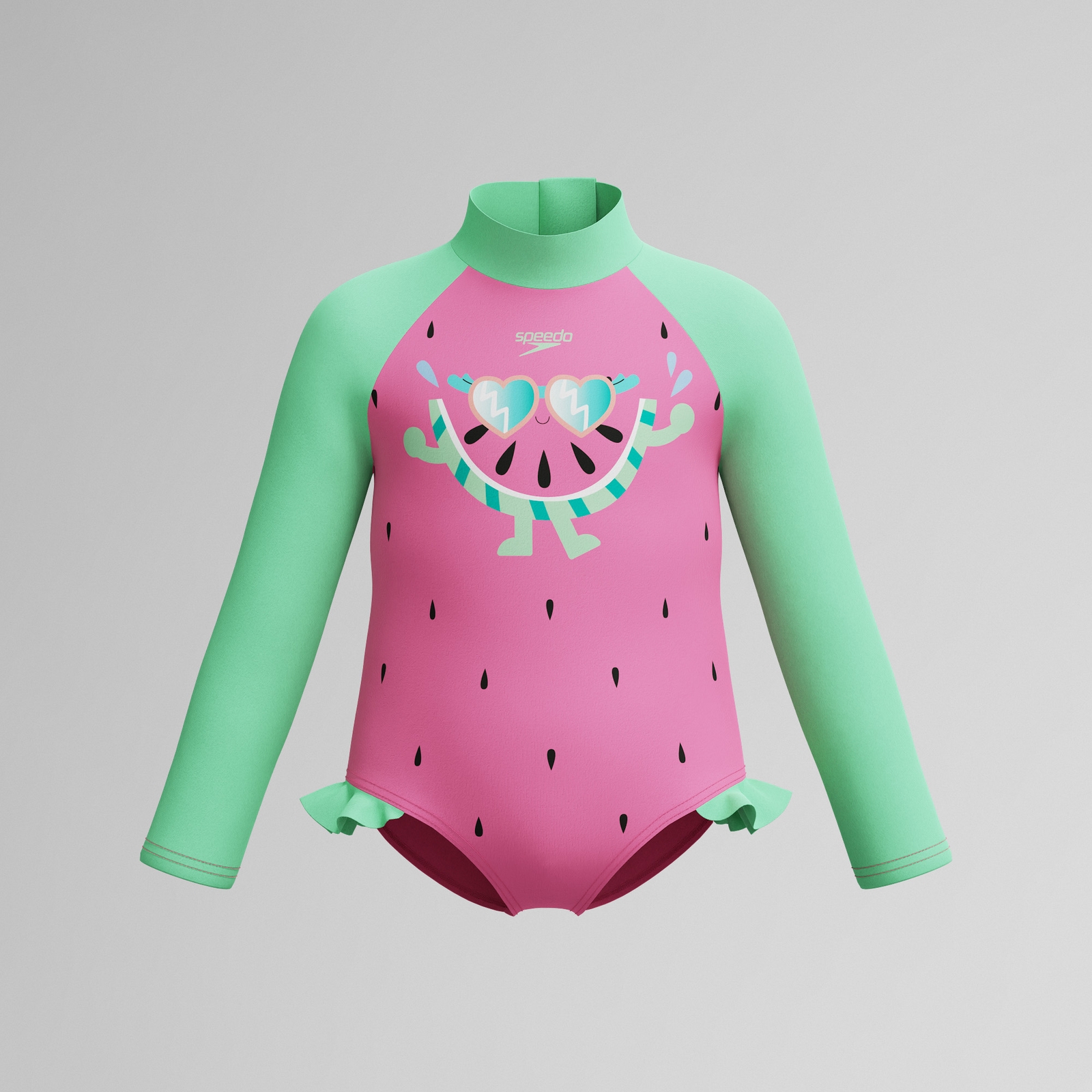 Infant Girls Learn to Swim Long Sleeve Frill Swimsuit Pink/Green