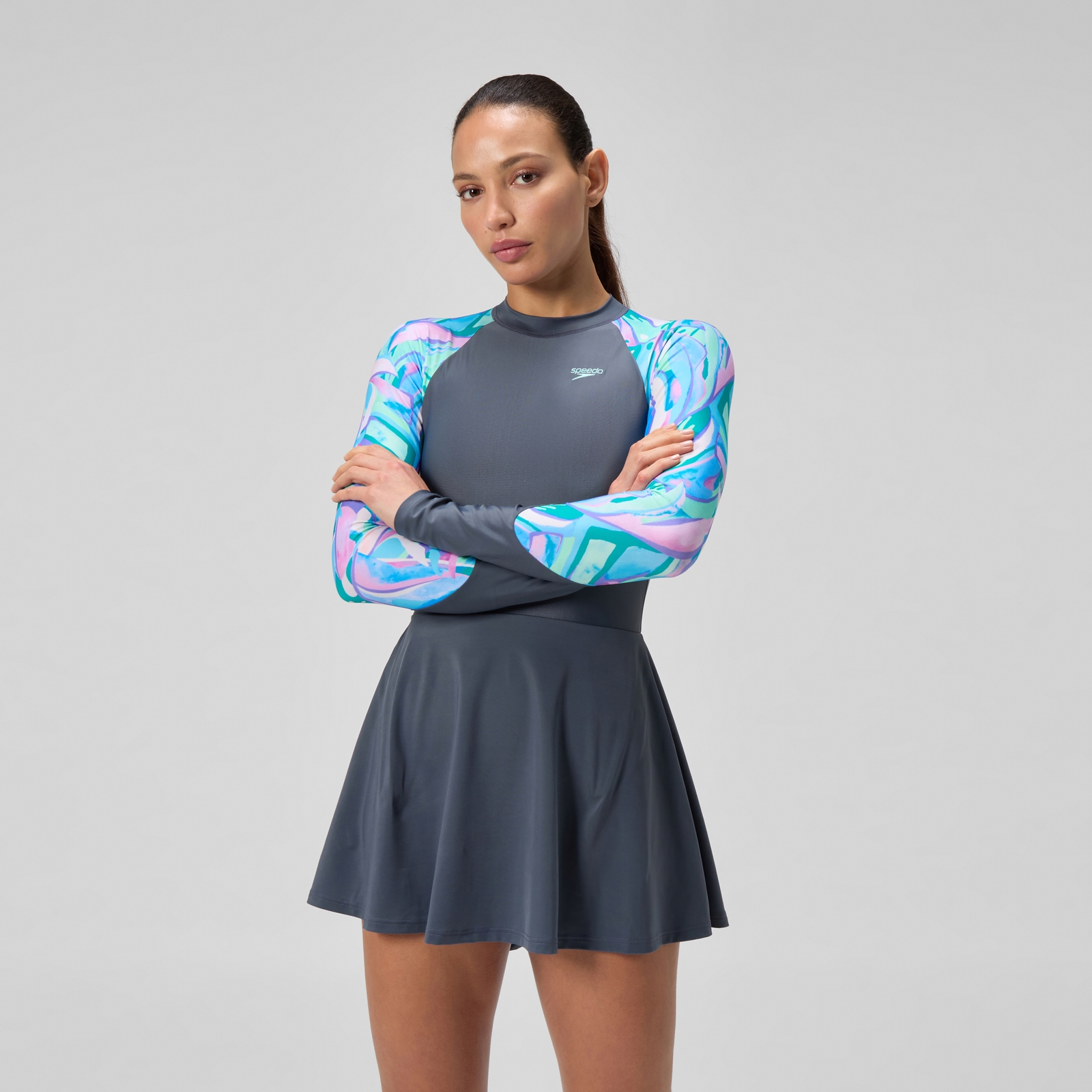Women's Long Sleeve Swim Dress Grey/Green