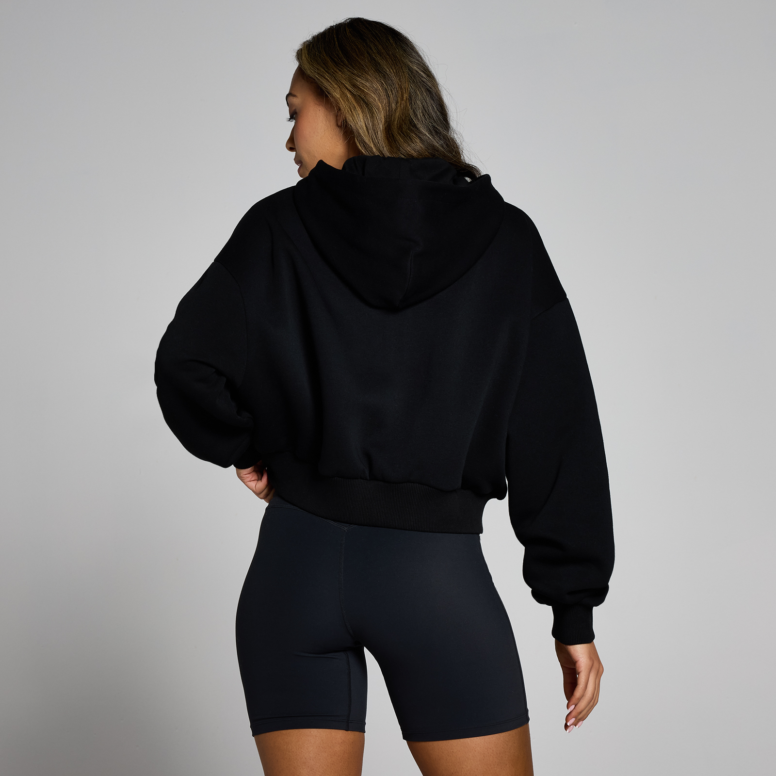 MP Damen Basics Kapuzenpulli mit verkürztem Schnitt und durchgehendem Reißverschluss – Schwarz - XS