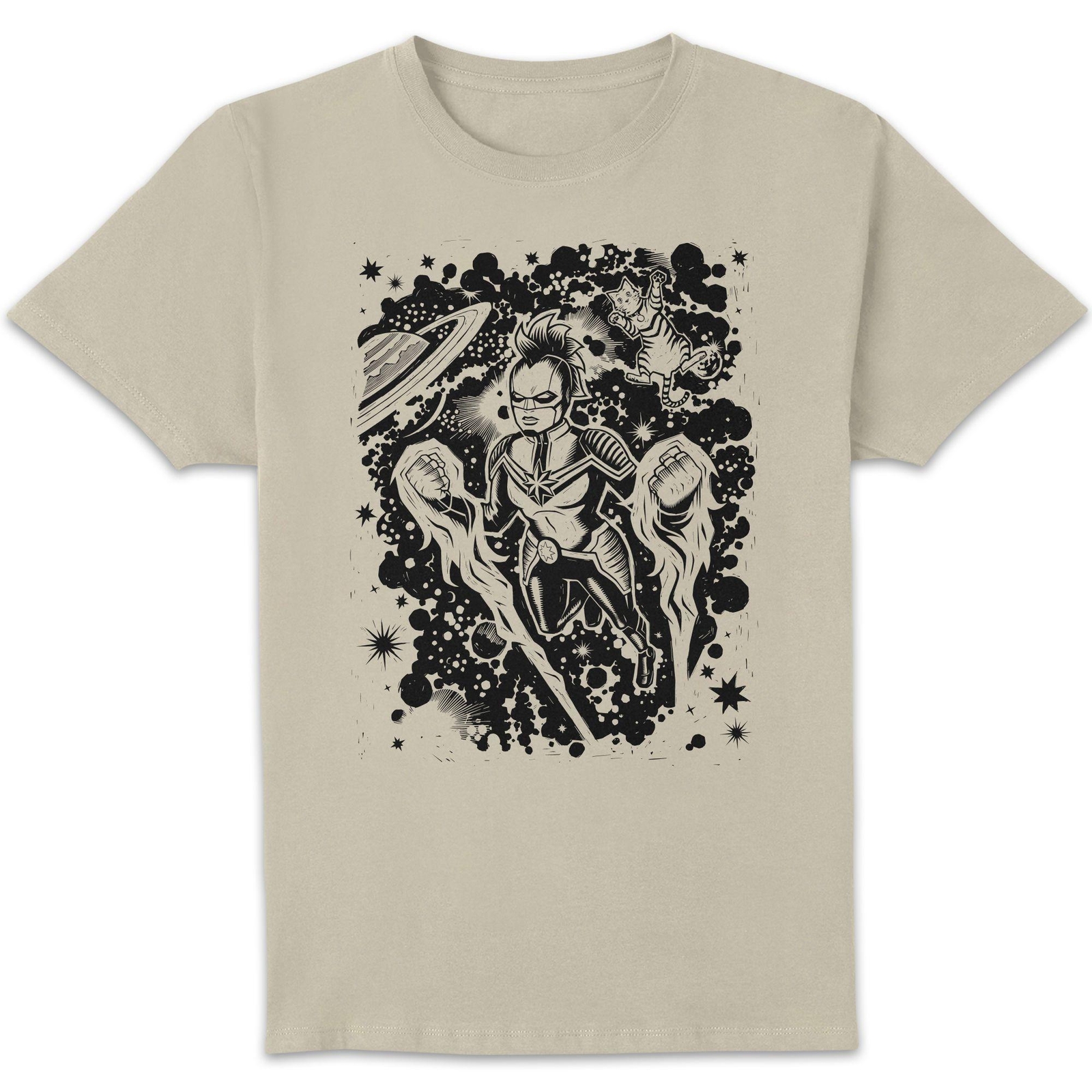 Marvel Captain Marvel Line Art Unisex T-Shirt - White Vintage Wash - XL