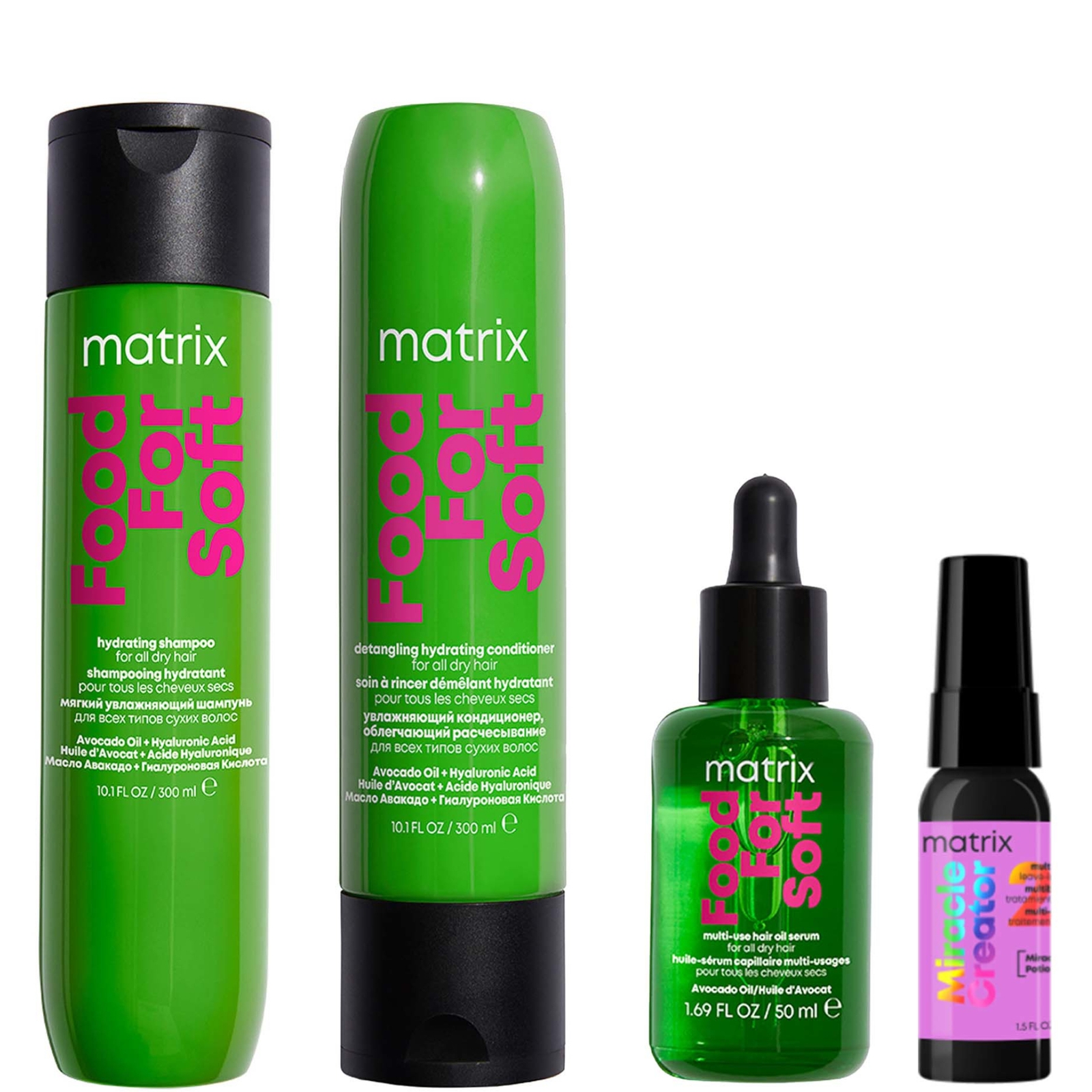 

Matrix Food for Soft Hydrating Shampoo 300ml, Conditioner 300ml, Multi-Use Hair Oil Serum 50ml and Mini Miracle Creator 20 45ml