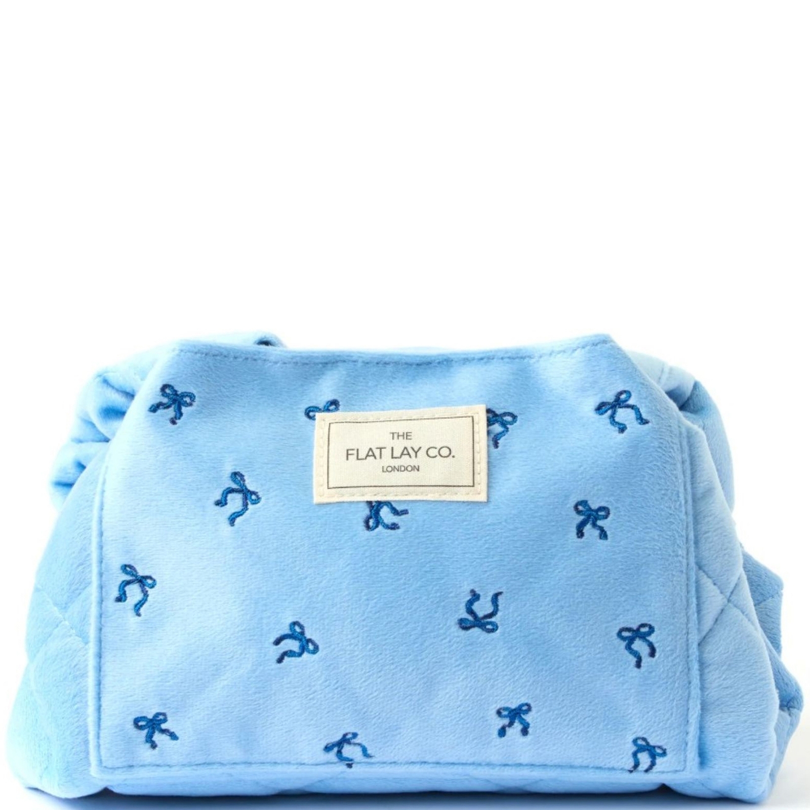 The Flat Lay Co. . Drawstring Flat Lay Makeup Bag - Ditsy Bows Blue Embroidered Velvet